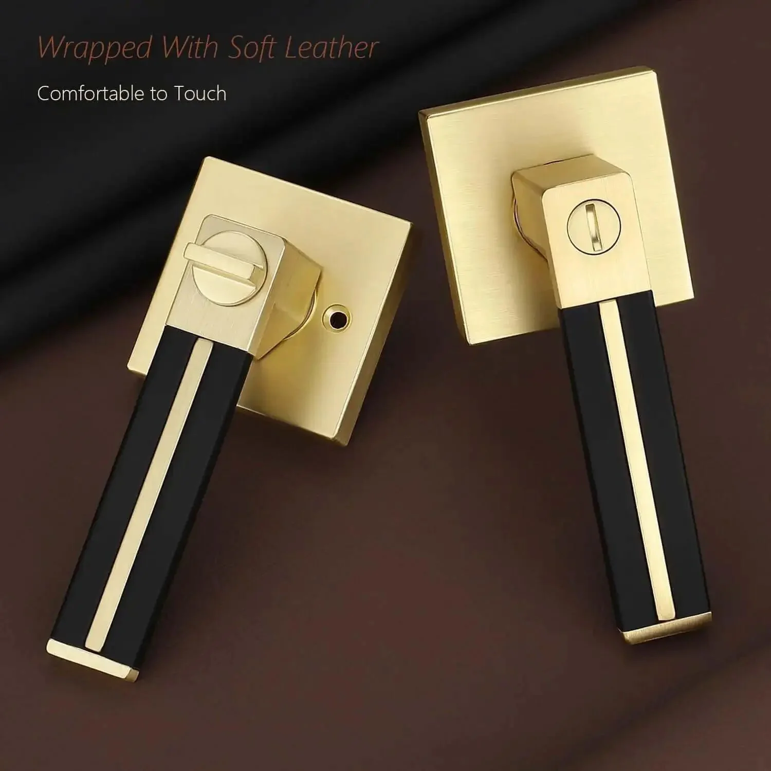 Three Pack Brass Door Handles With Black Leather Levers, Gold Privacy Door Levers For Bed And Bath, Keyless Interior Door Handles With Turn Thumb Lock, Heavy Duty Modern Design For Secure Privacy And Easy Access - Image 9