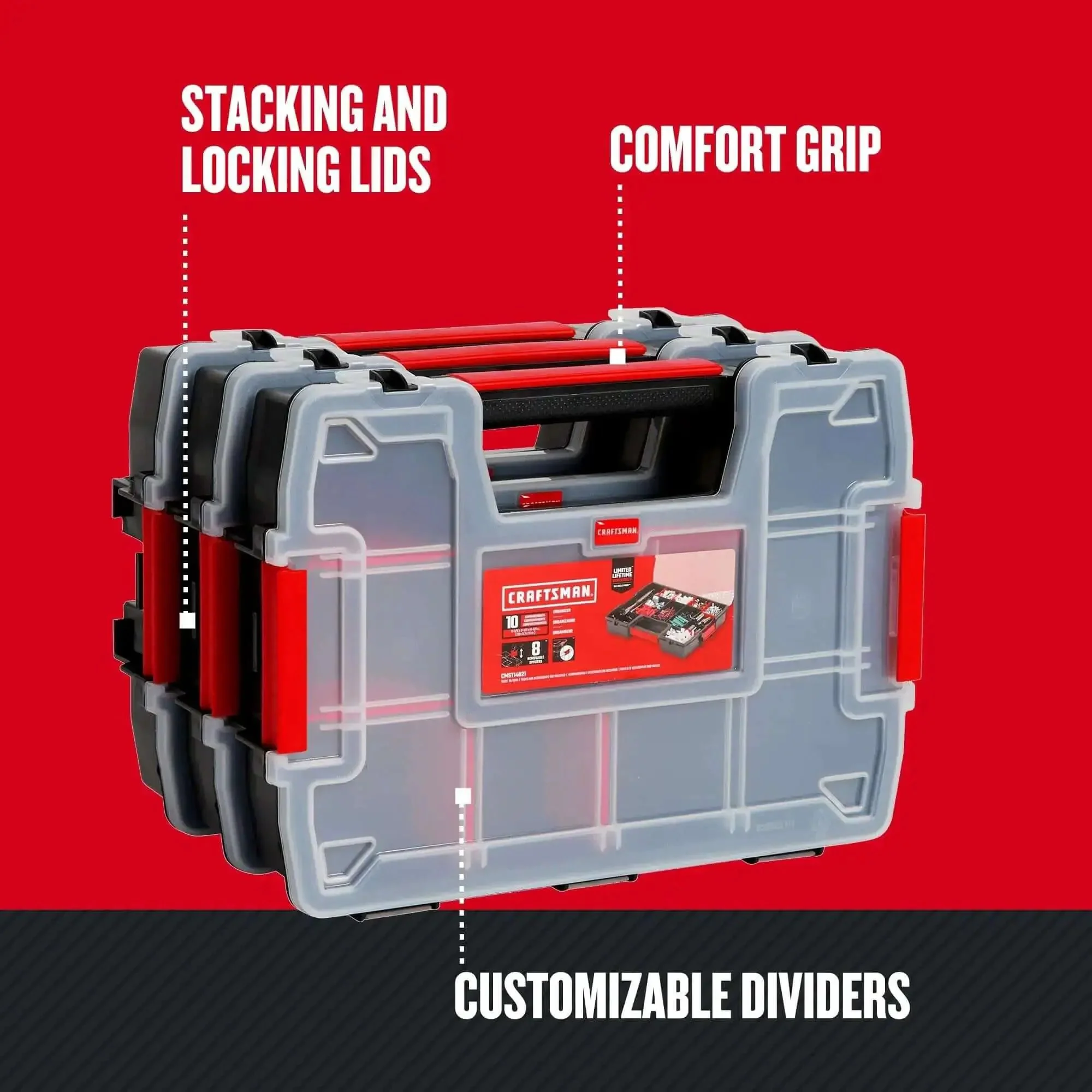 Three Pack Small Parts Organizer With Ten Compartments And Removable Dividers, Secure Latch Lids For Sturdy Stacking, 90 Degree Angle Design For Easy Customization, Ideal D I Y Tool And Hardware Storage - Image 2