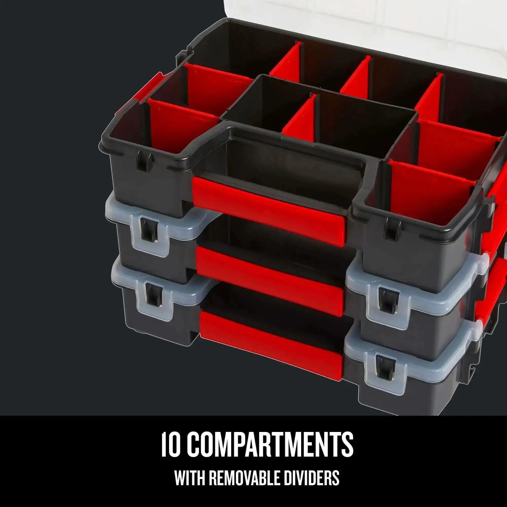 Three Pack Small Parts Organizer With Ten Compartments And Removable Dividers, Secure Latch Lids For Sturdy Stacking, 90 Degree Angle Design For Easy Customization, Ideal D I Y Tool And Hardware Storage - Image 3