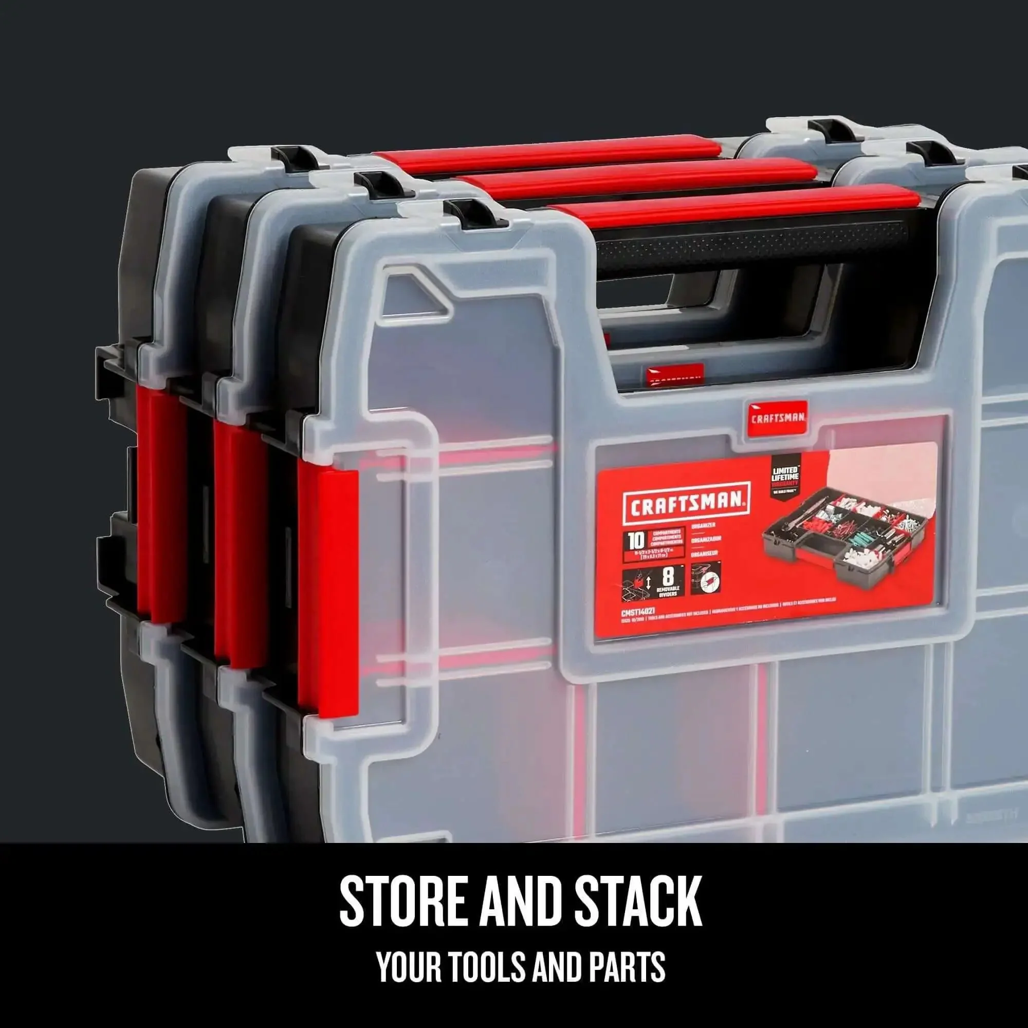 Three Pack Small Parts Organizer With Ten Compartments And Removable Dividers, Secure Latch Lids For Sturdy Stacking, 90 Degree Angle Design For Easy Customization, Ideal D I Y Tool And Hardware Storage - Image 4