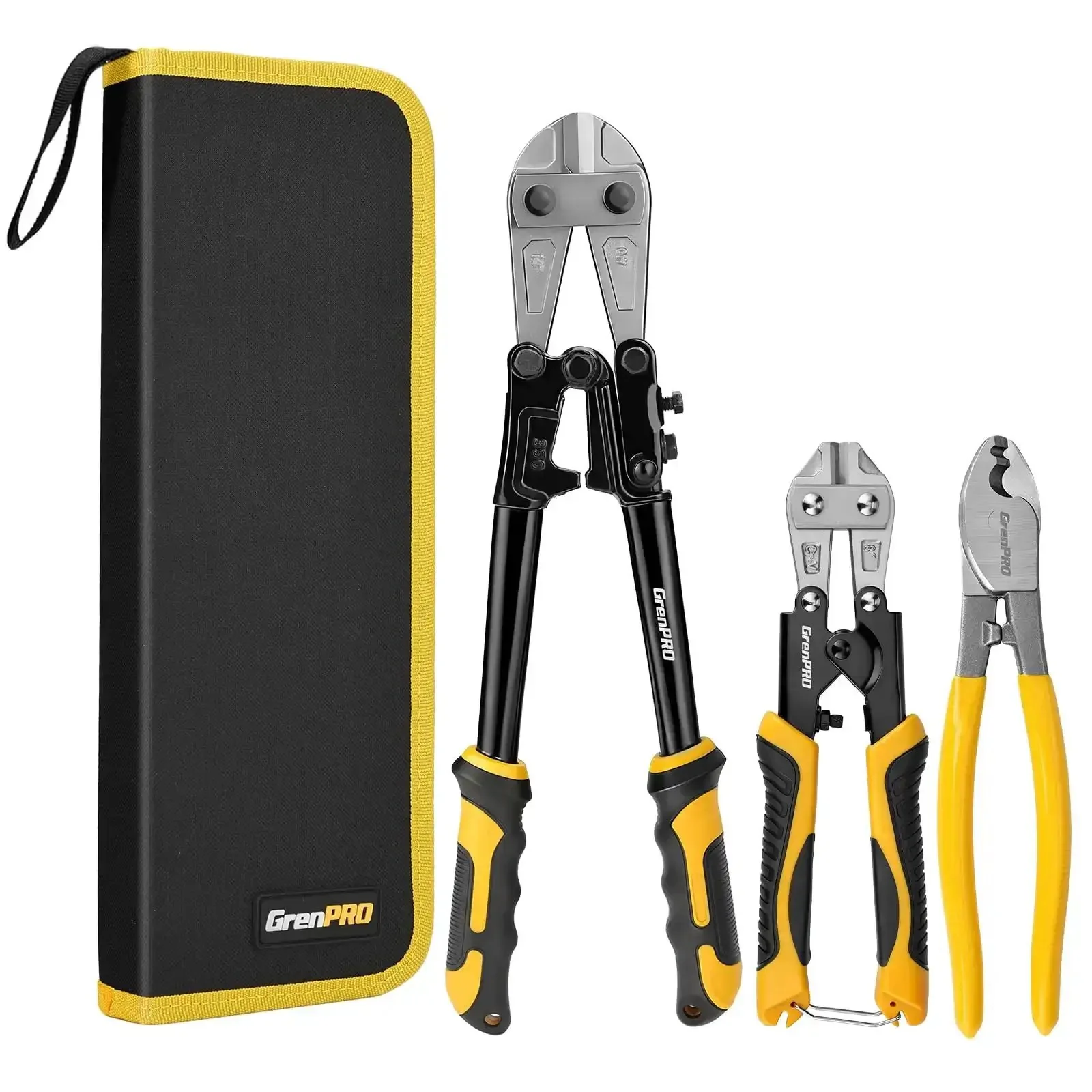 Three Piece Bolt Cutter Set With 14 Inch Heavy Duty Bolt Cutter, 8 Inch Mini Bolt Cutter, And 8 Inch Cable Cutter In Carrying Bag, Cr V Blade For Metal Locks Chains And Cable Cutting Tools