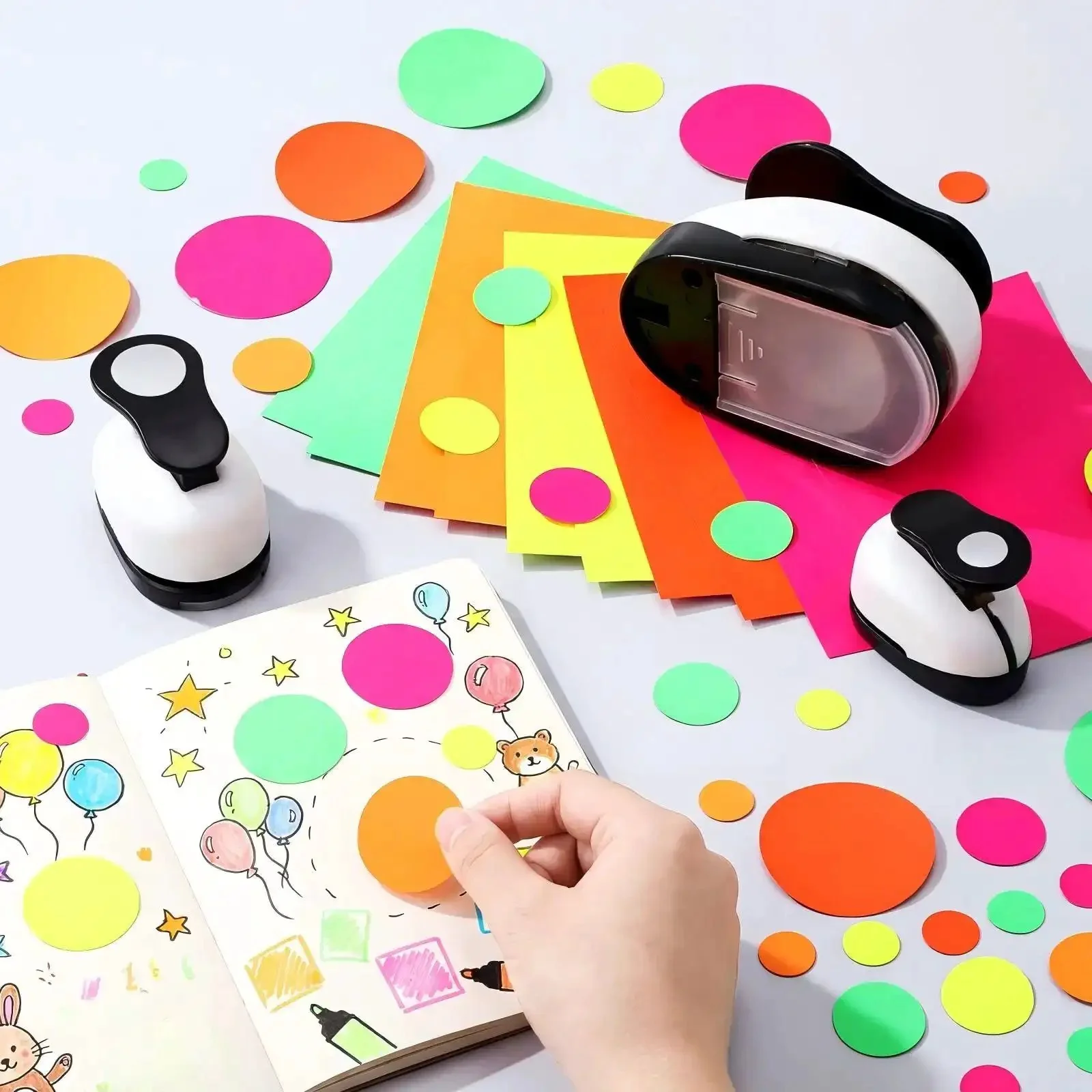 Three Piece Circle Punch Set 2 Inch 1 5 Eighth Inch And 1 Inch Black Paper Punches For Card Making Scrapbooking DIY Albums And Photos Plus 10 Colorful Sticker Papers - Image 3
