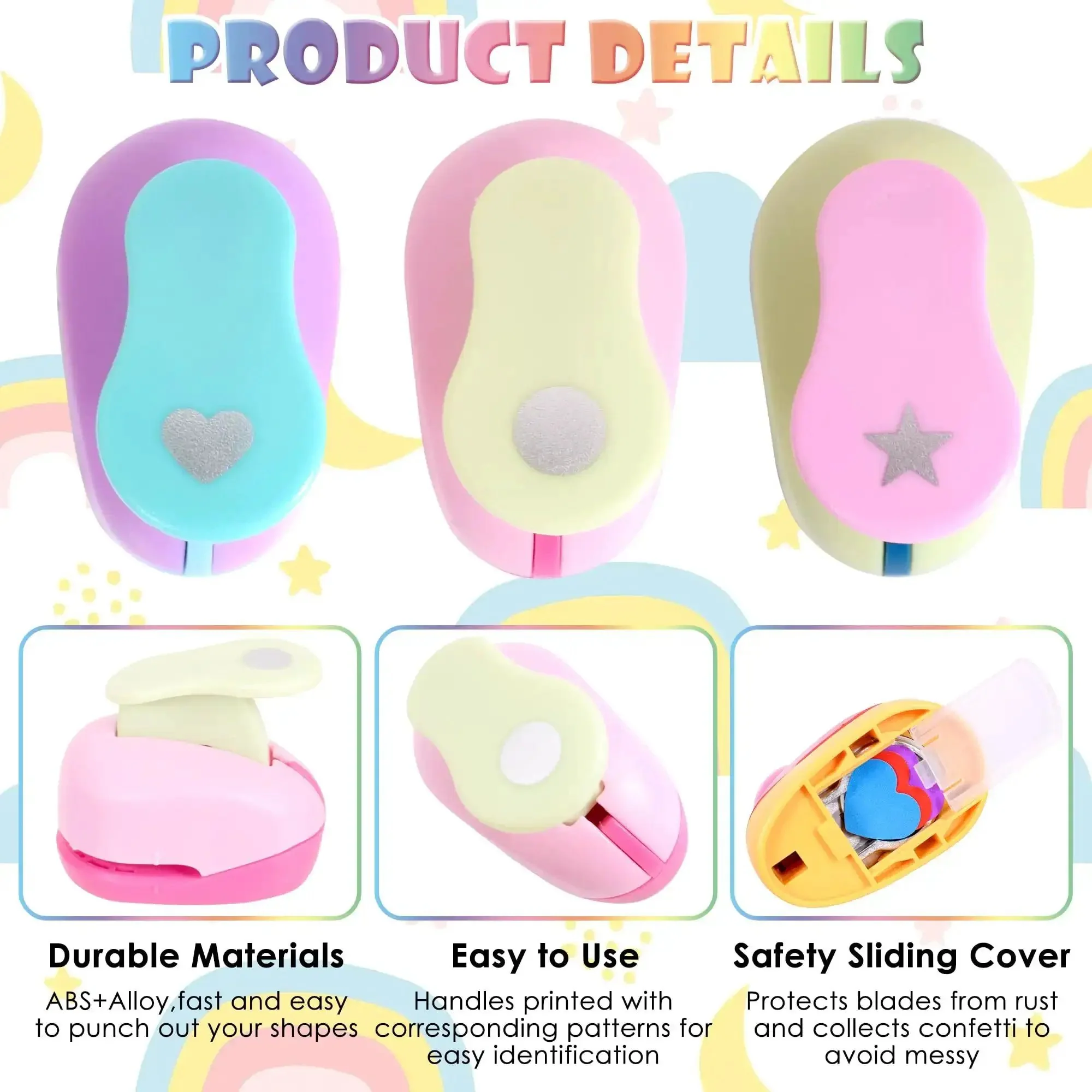 Three Piece Craft Hole Punches Set With Colorful Heart Round And Star Shapes For DIY Crafts Scrapbooking Gift Wrapping And Card Making 0.31 To 0.39 Inch With Safe Rounded Edges And Non Slip Handles - Image 6