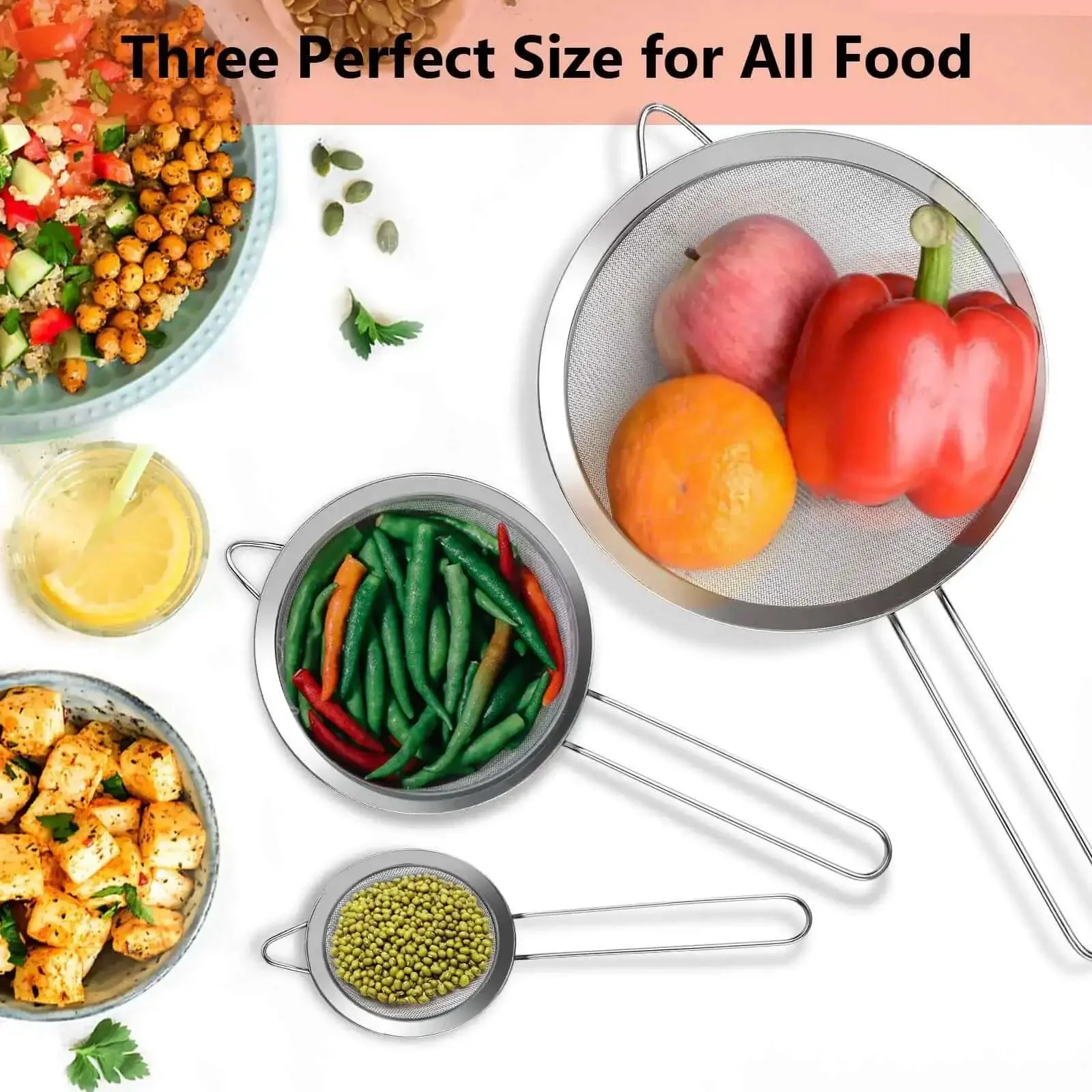 Three Piece Fine Mesh Strainer Set With Handles For Sifting Wet Or Dry Ingredients In The Kitchen Go To Stainless Steel Sieve Ideal For Rice Juice Quinoa Flour Baking Includes 3.15 Inch 5.5 Inch And 7.87 Inch Strainers - Image 4