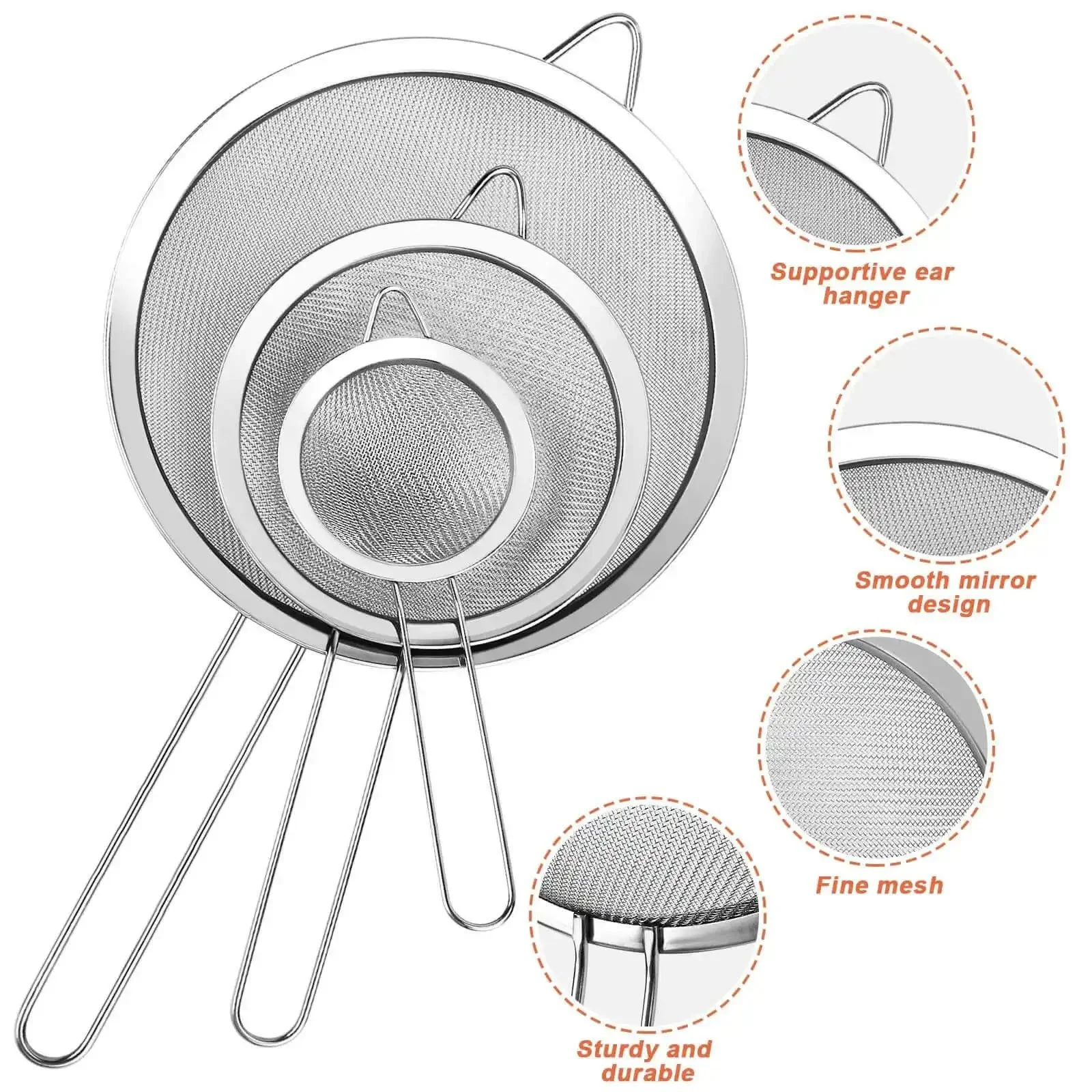 Three Piece Fine Mesh Strainer Set With Handles For Sifting Wet Or Dry Ingredients In The Kitchen Go To Stainless Steel Sieve Ideal For Rice Juice Quinoa Flour Baking Includes 3.15 Inch 5.5 Inch And 7.87 Inch Strainers - Image 6