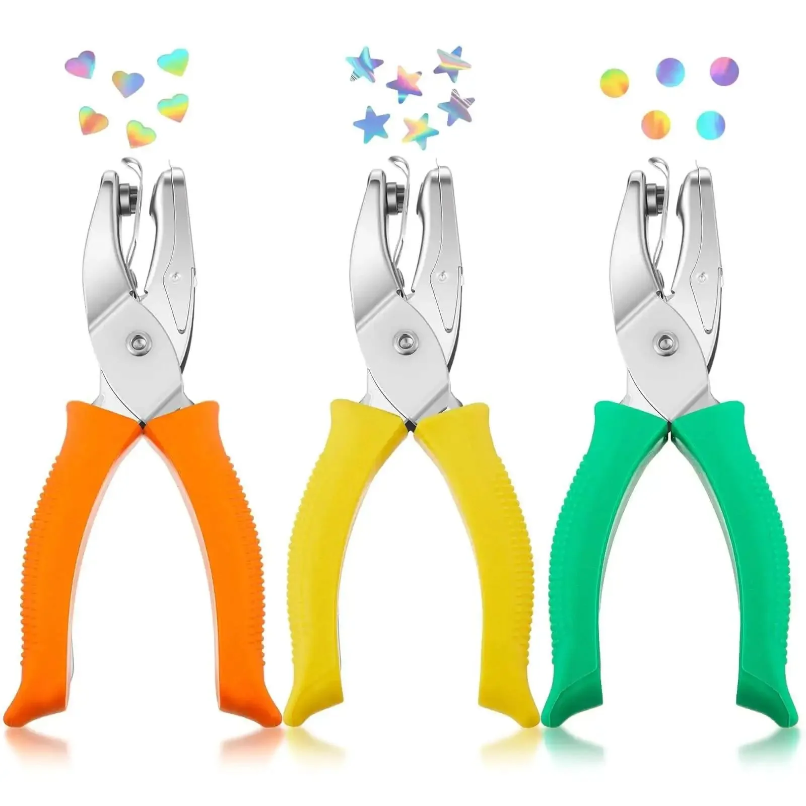 Three Piece Hole Punch Set With Round Heart And Star Shapes For One Quarter Inch And Three Sixteenth Inch Holes, Handy For DIY Tags Tickets And Scrapbooks, Handheld Metal Punches With Soft Grip For Easy Crafts And Card Making
