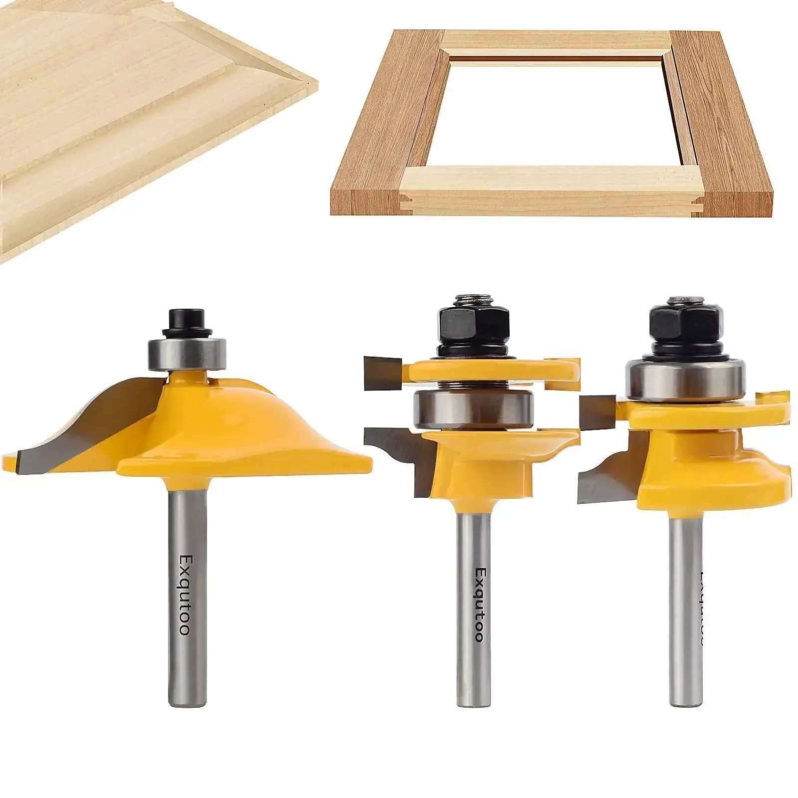 Three Piece One Quarter Inch Shank Router Bit Set For Raised Panel Cabinet Doors And Window Frames Cemented Carbide Woodworking Bits For Slick Pro Grade Cuts Tenon Joint Cutter Diameter One And Five Eighths Inches