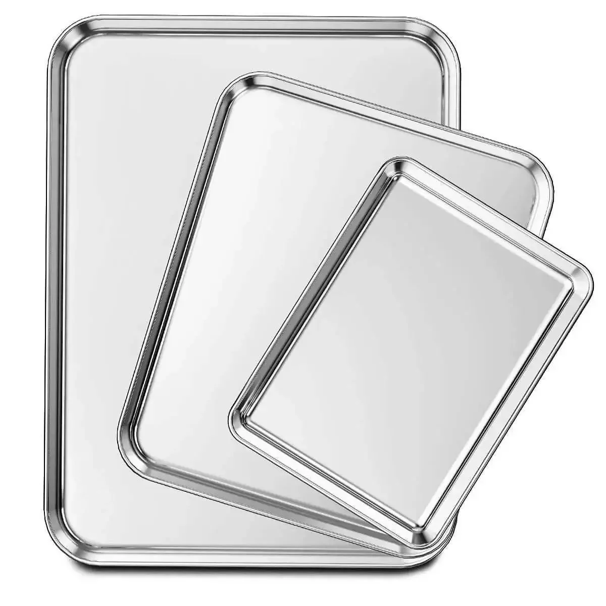 Three Piece Stainless Steel Baking Sheet Set Built Tough For Real Home Chefs Non Toxic And Easy Clean Heavy Duty Cookie Sheets In 9, 12, And 16 Inches Fits Most Ovens And Toaster Ovens For Everyday Baking And Roasting