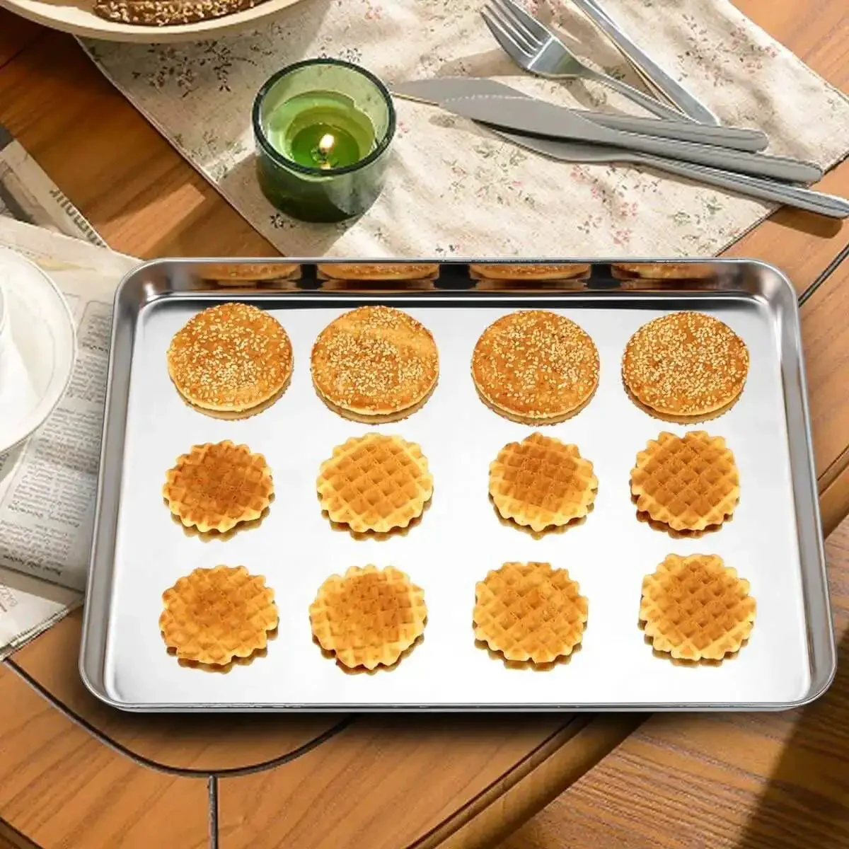 Three Piece Stainless Steel Baking Sheet Set Built Tough For Real Home Chefs Non Toxic And Easy Clean Heavy Duty Cookie Sheets In 9, 12, And 16 Inches Fits Most Ovens And Toaster Ovens For Everyday Baking And Roasting - Image 3