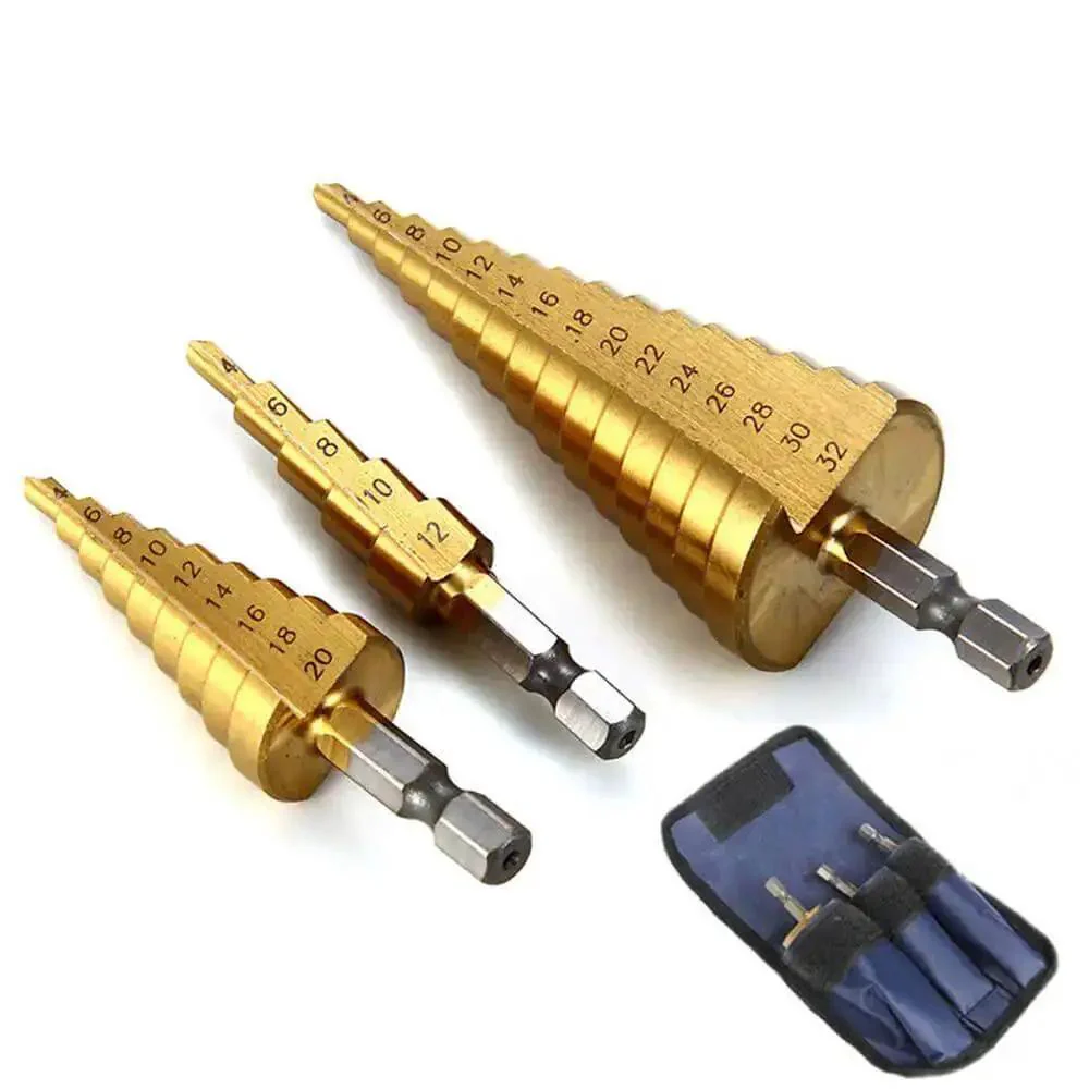 Three Piece Step Drill Bit Set That Rocks 4 12 20 32mm High Speed Steel Titanium Coated Hole Cutter For Aluminum Wood Plastic And Sheet Metal Deburring Chamfering And Oval Hole Opening