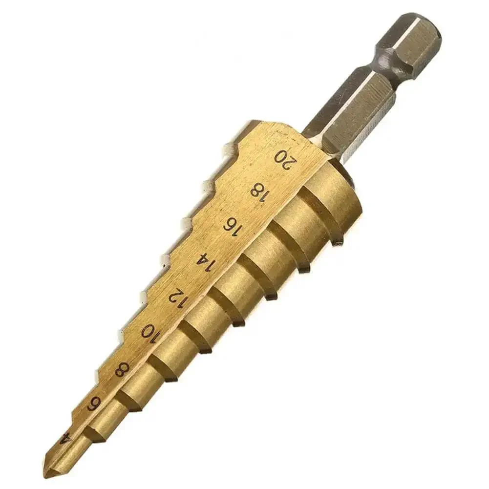 Three Piece Step Drill Bit Set That Rocks 4 12 20 32mm High Speed Steel Titanium Coated Hole Cutter For Aluminum Wood Plastic And Sheet Metal Deburring Chamfering And Oval Hole Opening - Image 3
