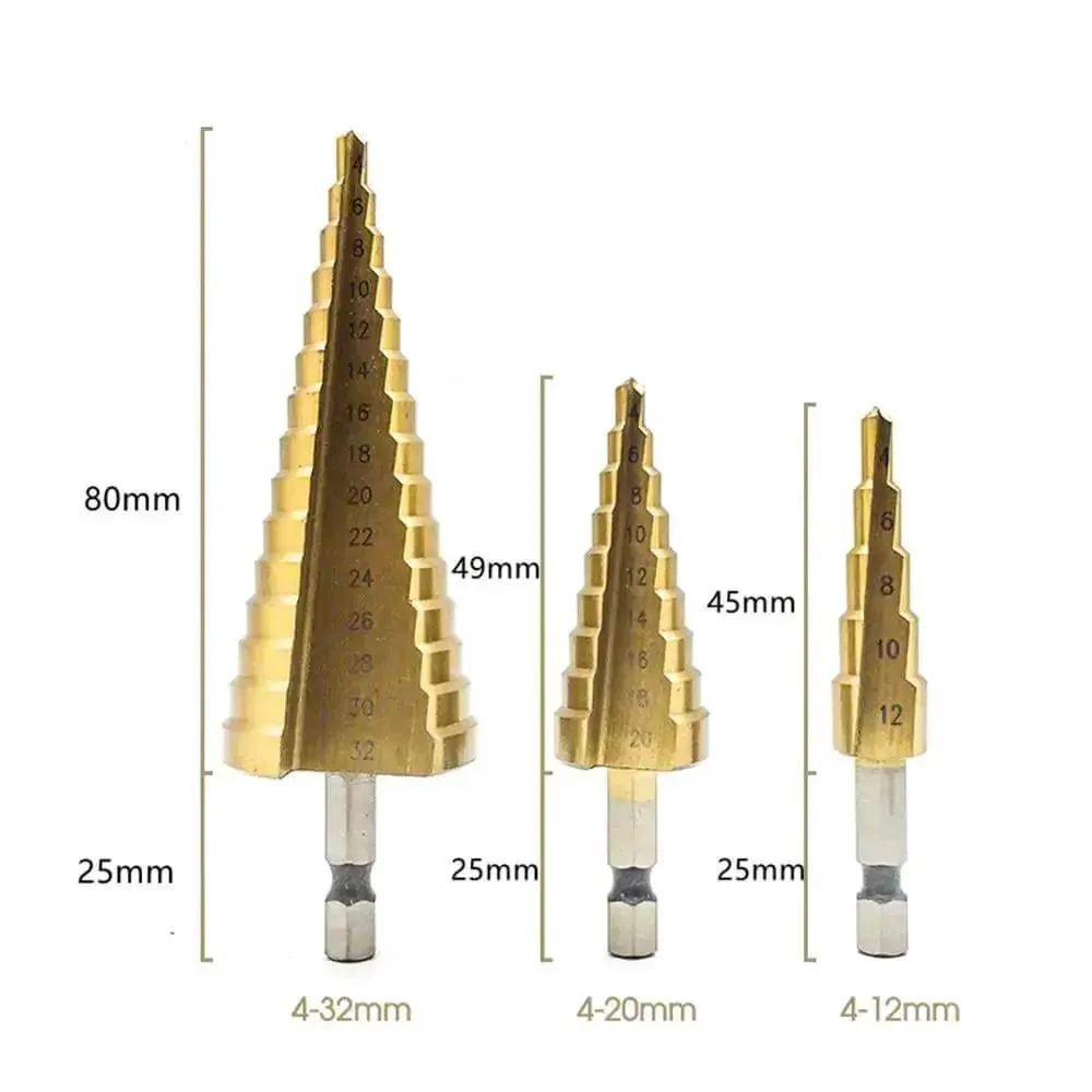 Three Piece Step Drill Bit Set That Rocks 4 12 20 32mm High Speed Steel Titanium Coated Hole Cutter For Aluminum Wood Plastic And Sheet Metal Deburring Chamfering And Oval Hole Opening - Image 4