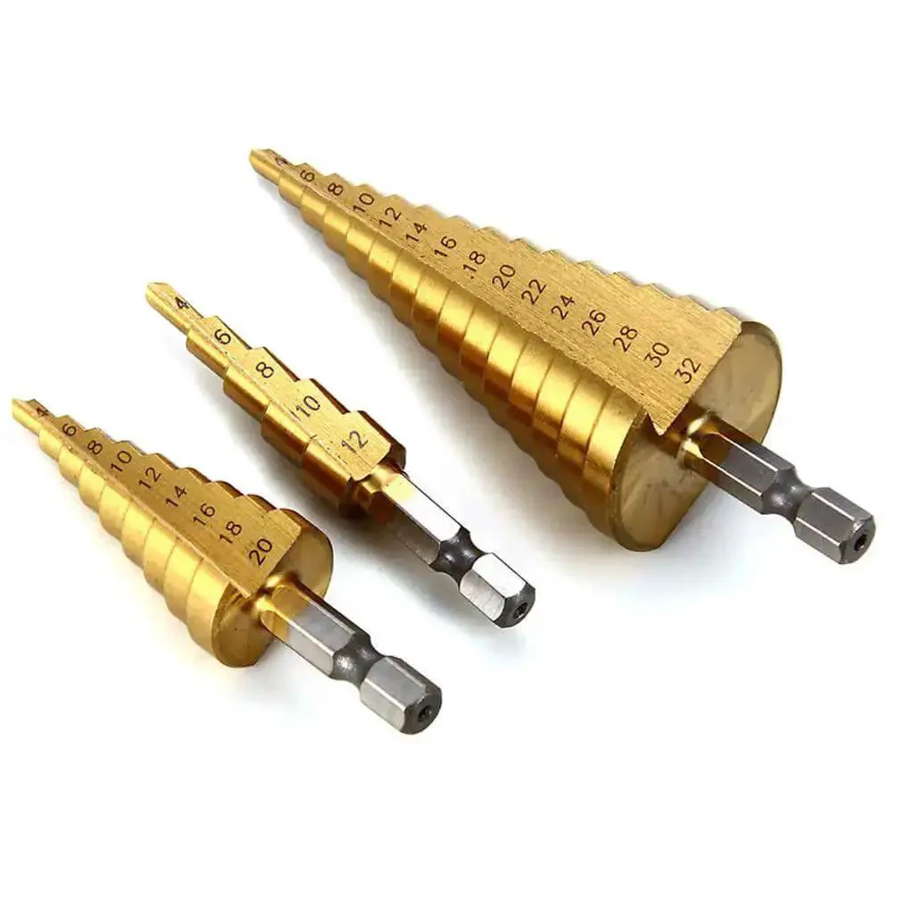 Three Piece Step Drill Bit Set That Rocks 4 12 20 32mm High Speed Steel Titanium Coated Hole Cutter For Aluminum Wood Plastic And Sheet Metal Deburring Chamfering And Oval Hole Opening - Image 6