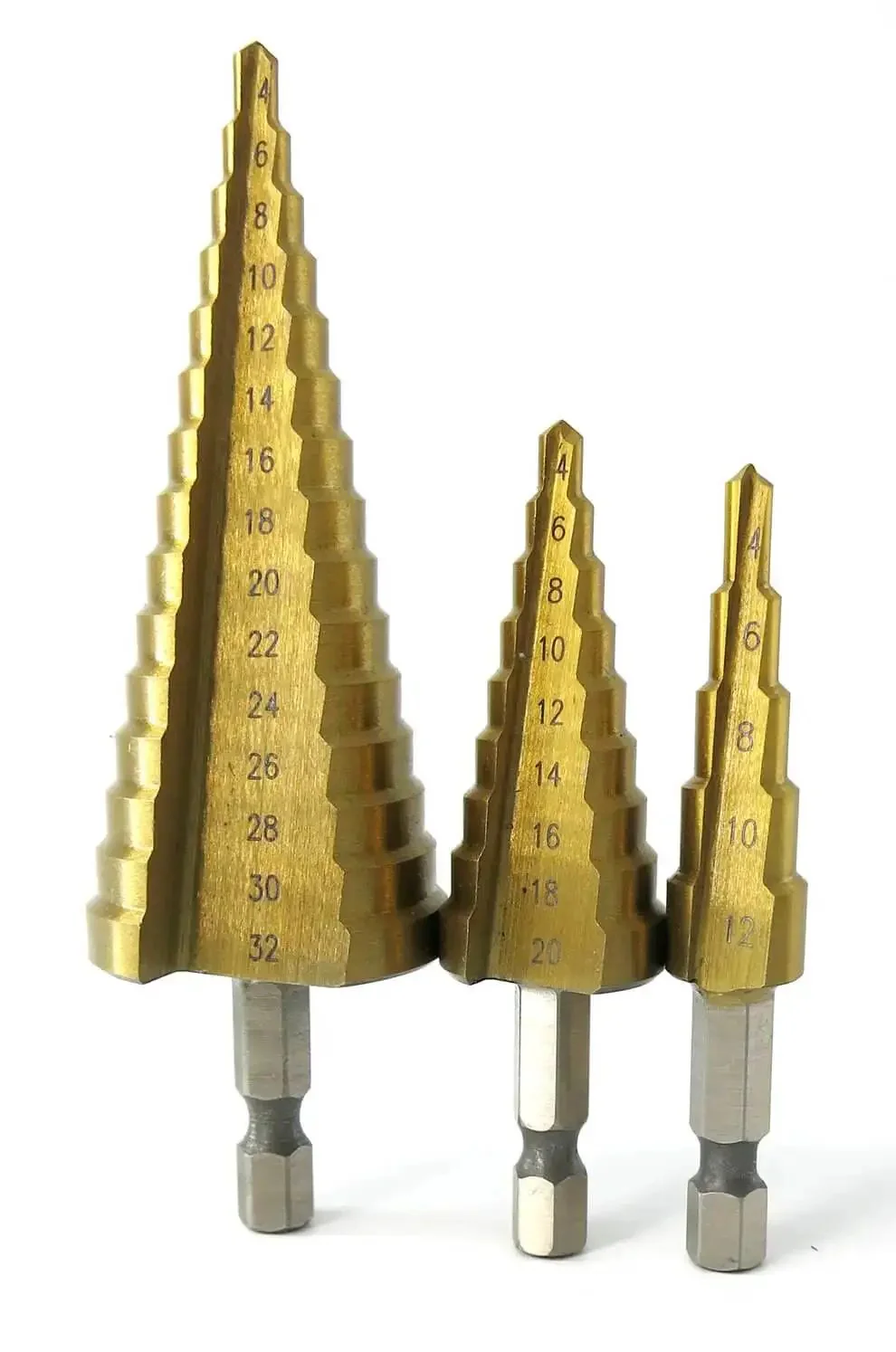 Three Piece Step Drill Bit Set That Rocks 4 12 20 32mm High Speed Steel Titanium Coated Hole Cutter For Aluminum Wood Plastic And Sheet Metal Deburring Chamfering And Oval Hole Opening - Image 8