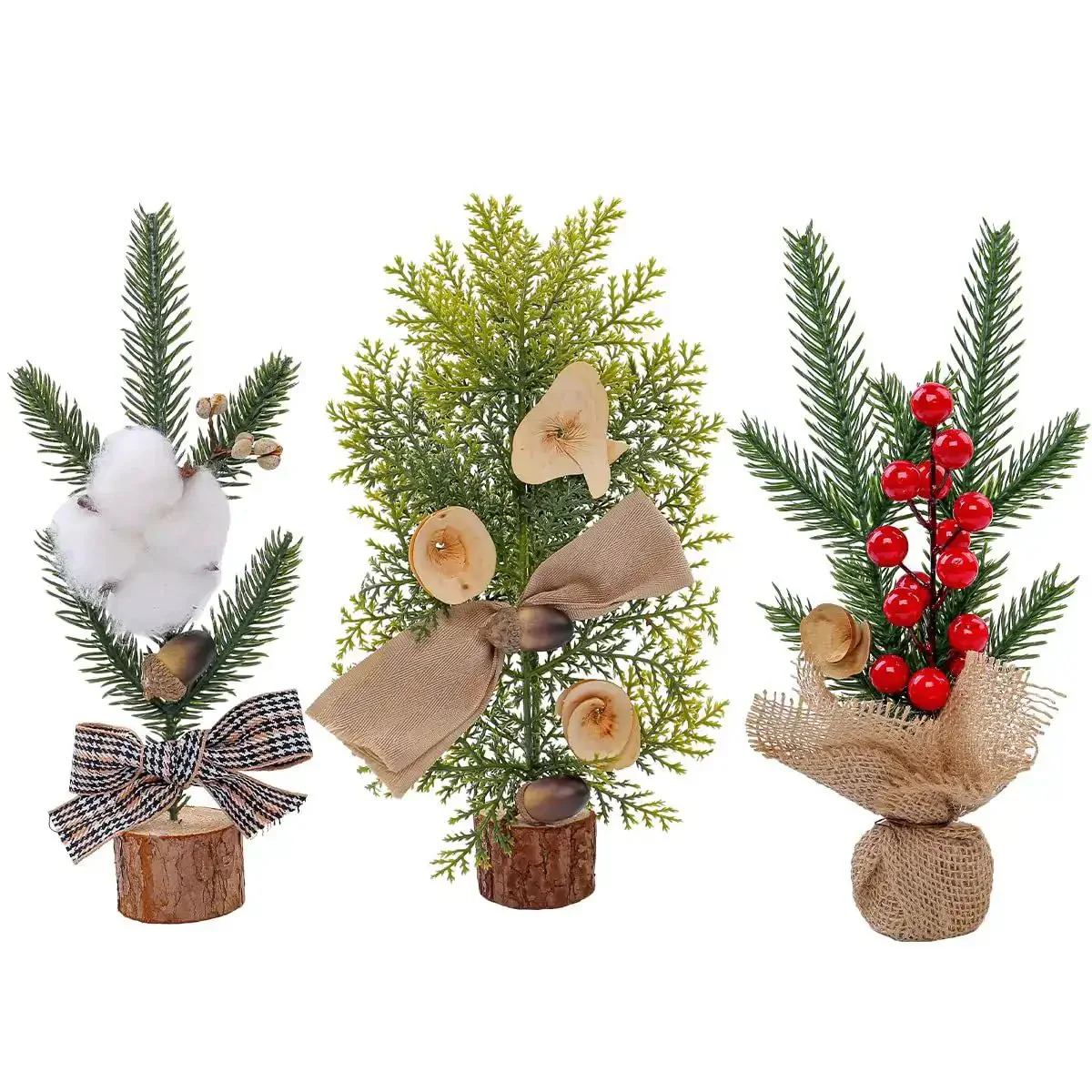 Three Piece Tabletop Christmas Tree Set Ready To Display Mini Artificial Xmas Trees Nine Point Eight Four Inches Tall With Red Berries Pinecones Nuts And Bows For A Cozy Desk Fireplace Holiday Decor - Image 2