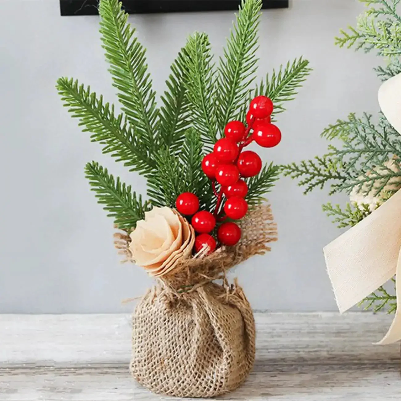 Three Piece Tabletop Christmas Tree Set Ready To Display Mini Artificial Xmas Trees Nine Point Eight Four Inches Tall With Red Berries Pinecones Nuts And Bows For A Cozy Desk Fireplace Holiday Decor - Image 6
