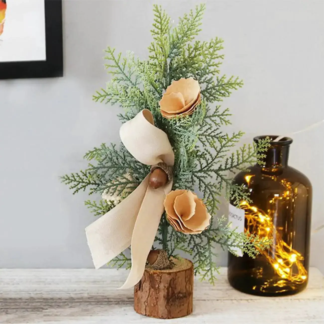 Three Piece Tabletop Christmas Tree Set Ready To Display Mini Artificial Xmas Trees Nine Point Eight Four Inches Tall With Red Berries Pinecones Nuts And Bows For A Cozy Desk Fireplace Holiday Decor - Image 7
