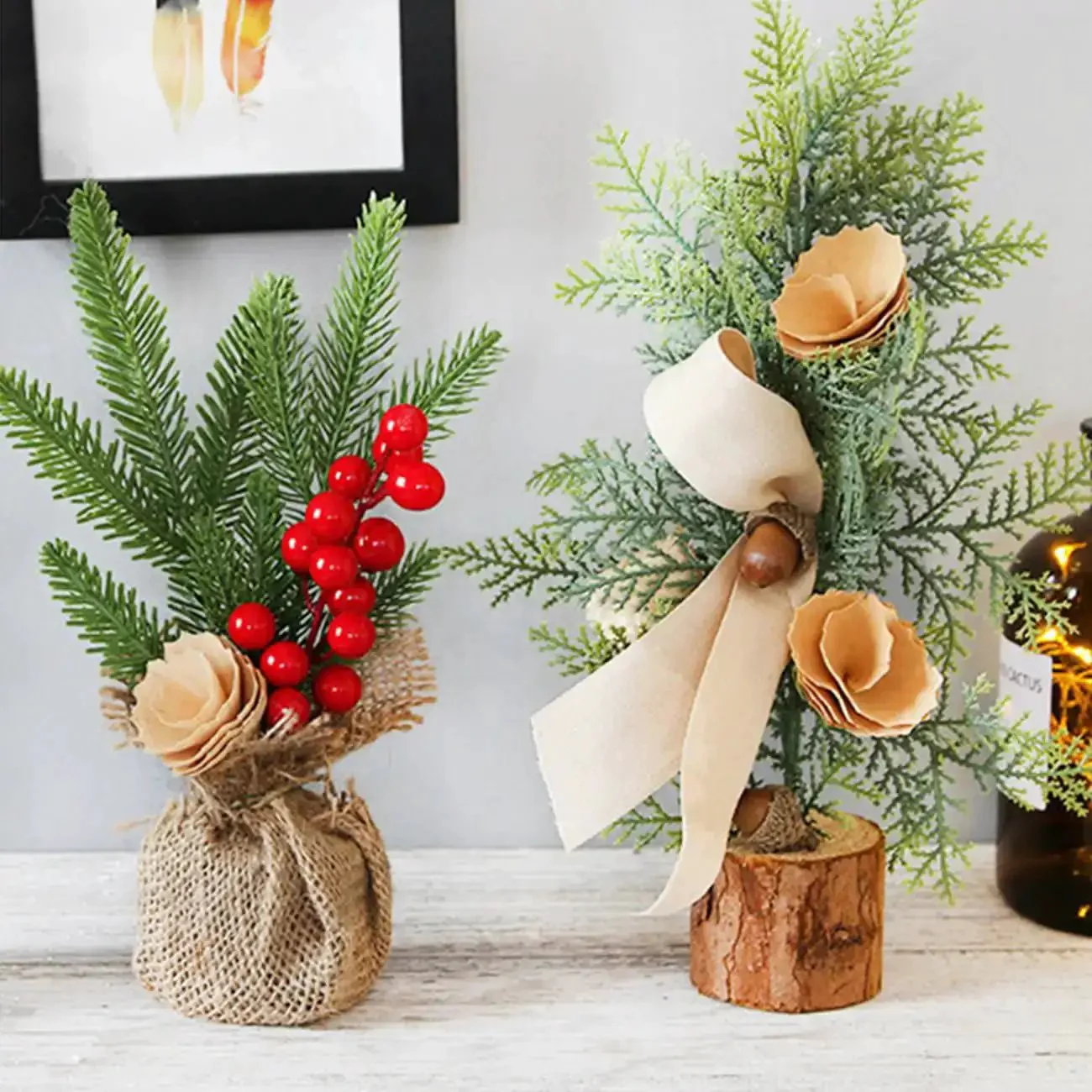 Three Piece Tabletop Christmas Tree Set Ready To Display Mini Artificial Xmas Trees Nine Point Eight Four Inches Tall With Red Berries Pinecones Nuts And Bows For A Cozy Desk Fireplace Holiday Decor - Image 8
