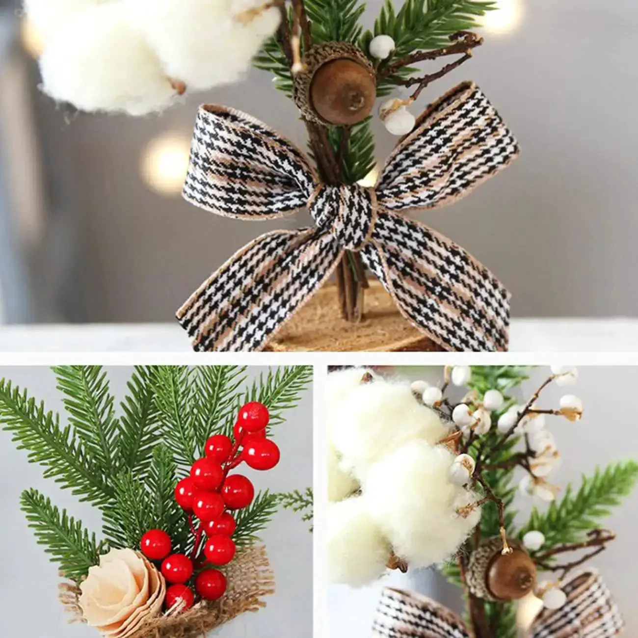 Three Piece Tabletop Christmas Tree Set Ready To Display Mini Artificial Xmas Trees Nine Point Eight Four Inches Tall With Red Berries Pinecones Nuts And Bows For A Cozy Desk Fireplace Holiday Decor - Image 9