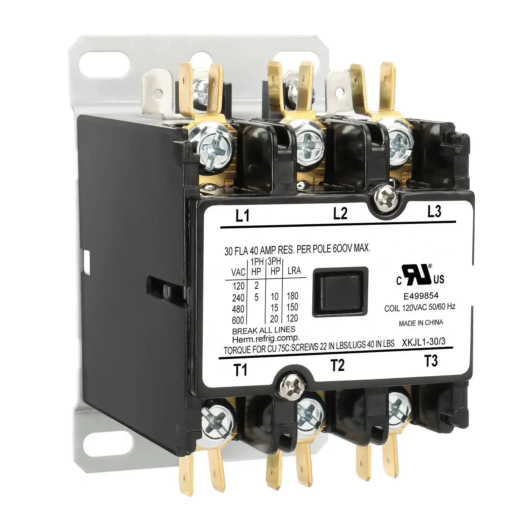 Three Pole 120V AC Contactor Built For HVAC Systems, 30 Amp Heavy Duty Condenser And Compressor Switch, 3P 30A Load, 40A RES, 180A LRA, UL Recognized Replacement For Commercial And Residential Air Conditioners