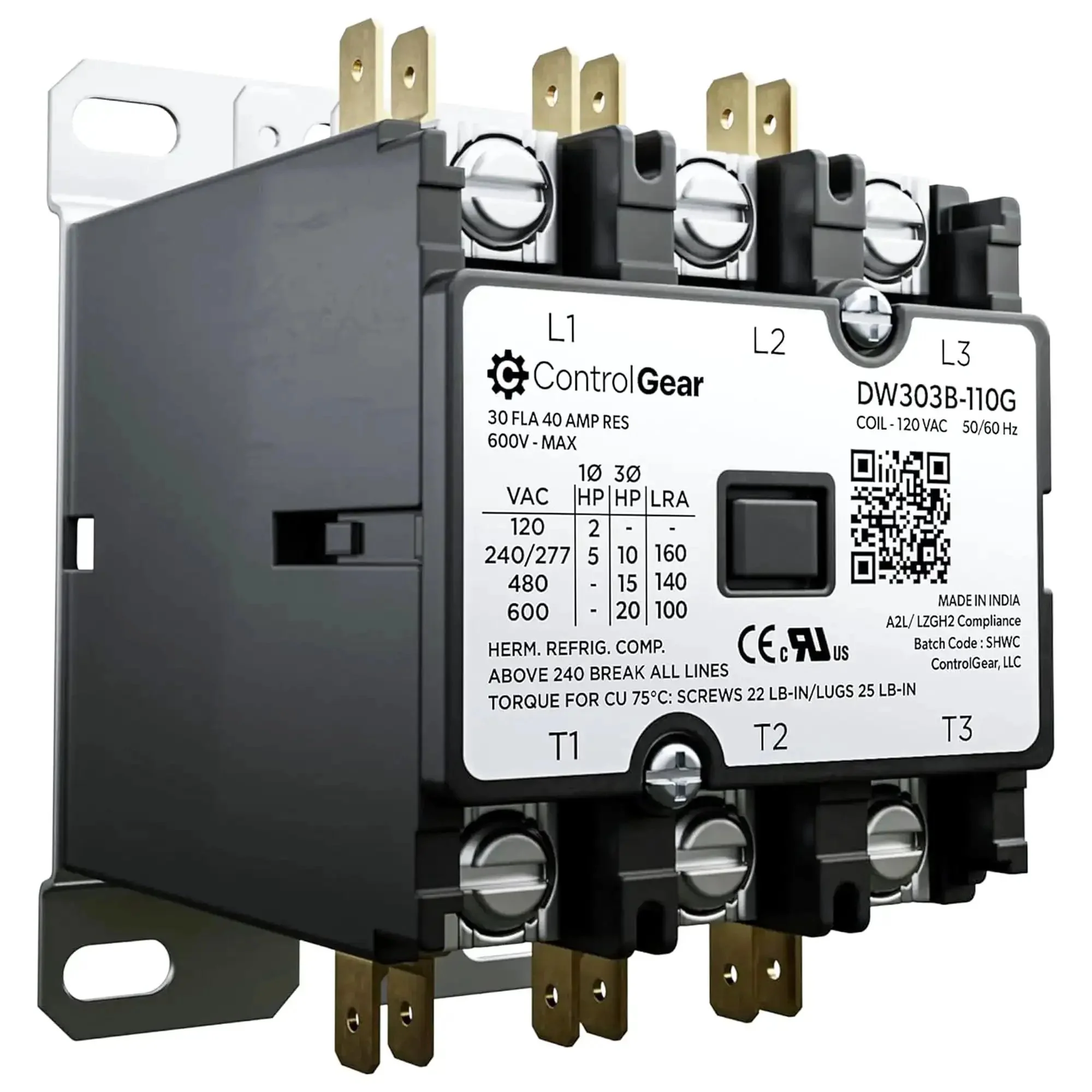 Three Pole 120V Coil Definite Purpose Contactor For HVAC With 30 Amp Rating UL Recognized For A2L Refrigerants Line Lugs Load Screws Pro Grade Quiet Electromagnetic Contactor DW303B11 3P 30A 120V