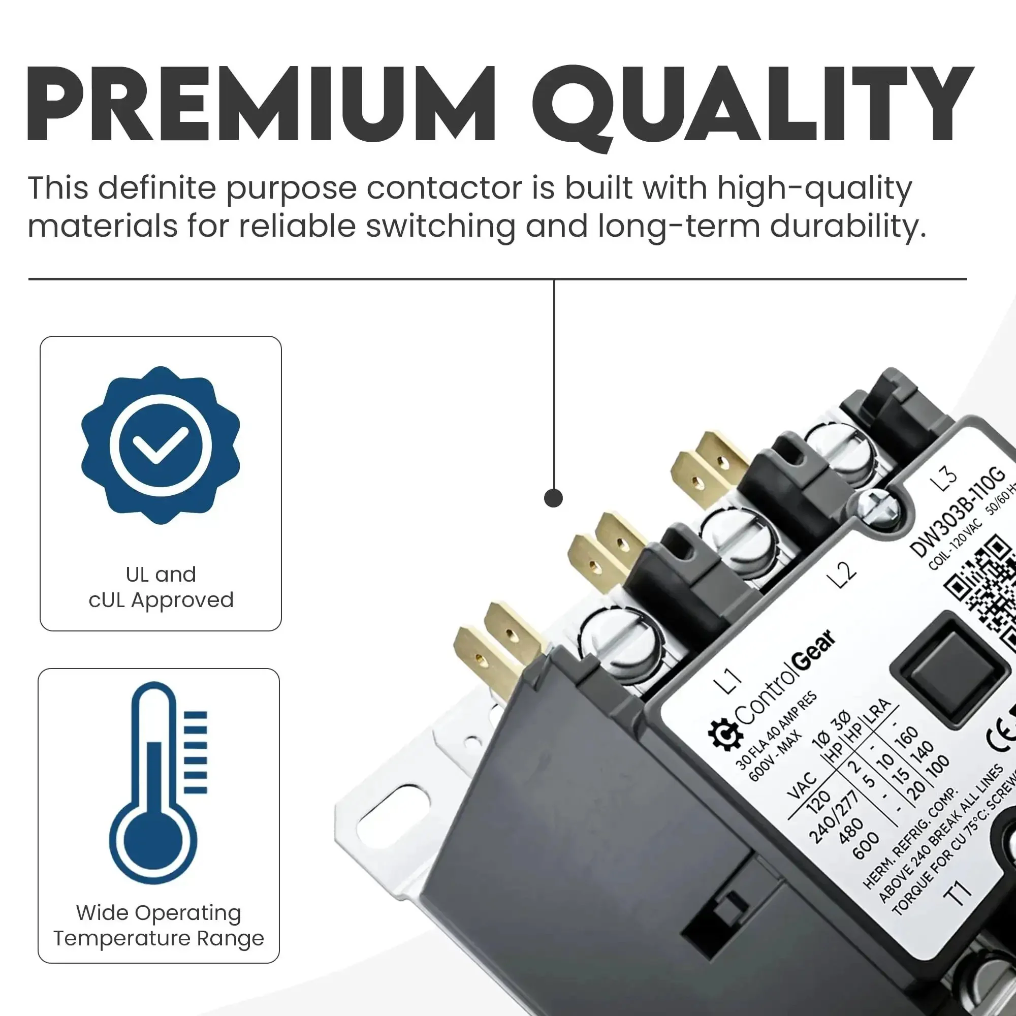 Three Pole 120V Coil Definite Purpose Contactor For HVAC With 30 Amp Rating UL Recognized For A2L Refrigerants Line Lugs Load Screws Pro Grade Quiet Electromagnetic Contactor DW303B11 3P 30A 120V - Image 4