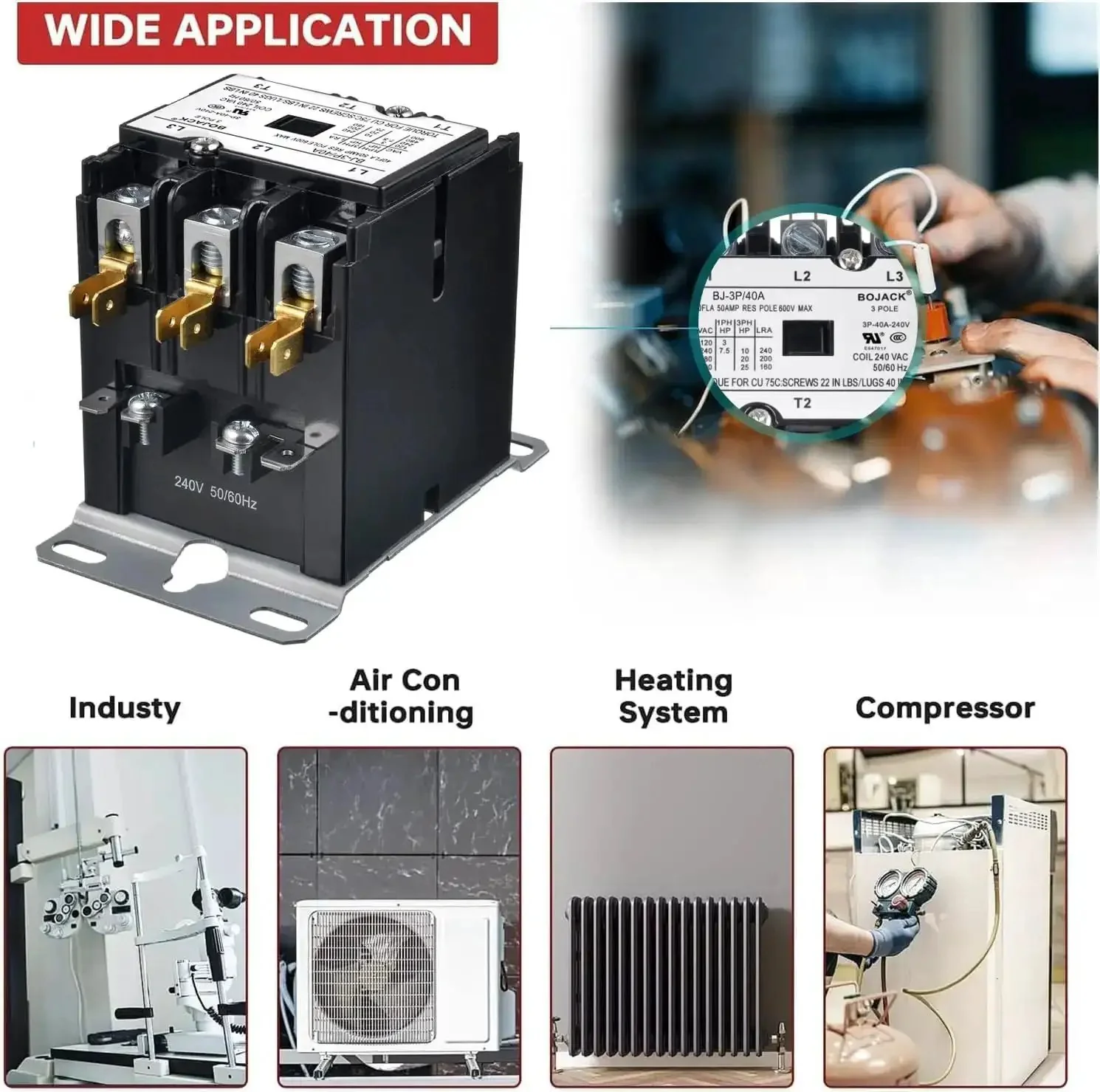 Three Pole 40 Amp 240V AC Definite Purpose Contactor For Air Conditioner Condenser Beefy Heavy Duty HVAC Coil 240 VAC 50 60 Hz 600V Max Withstand Reliable Industrial Grade Switch - Image 3