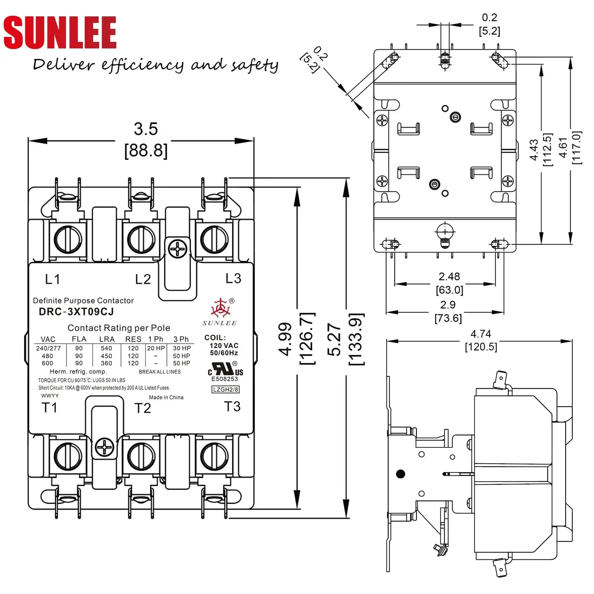 Three Pole 90 Amp 120 Volt AC Contactor With Silver Cadmium Oxide Contacts And Class F Insulation A2L Compliant For Industrial Control UL 508 And UL 60947 4 1 Definite Purpose DP Contactor Equivalent To 42GE35AJ - Image 2