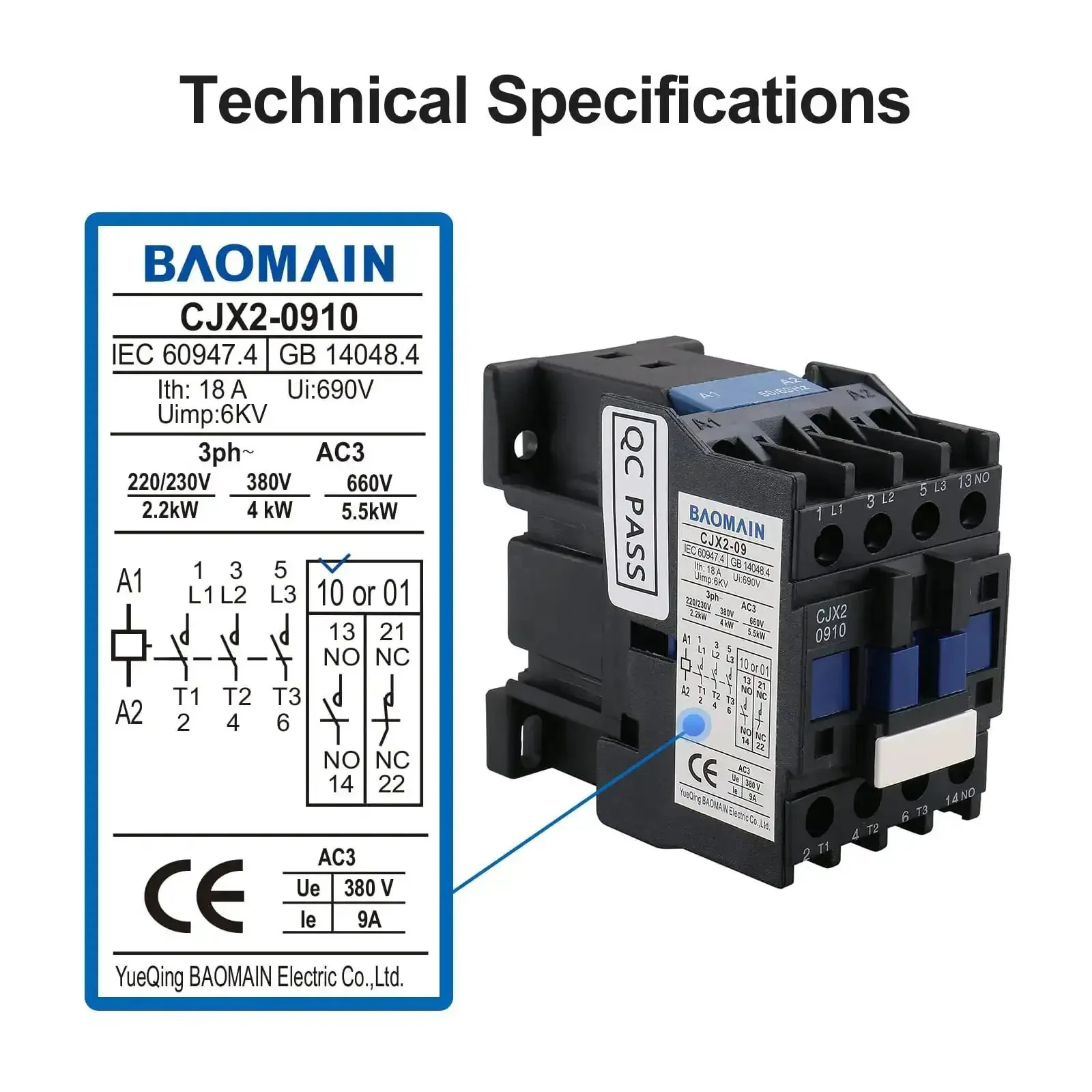 Three Pole AC Contactor 110VAC Coil 3NO 1NO Auxiliary 9A 380V AC Three-Phase DIN Rail Mount For Motors Pumps And Industrial Control Panels And Automation Systems - Image 9