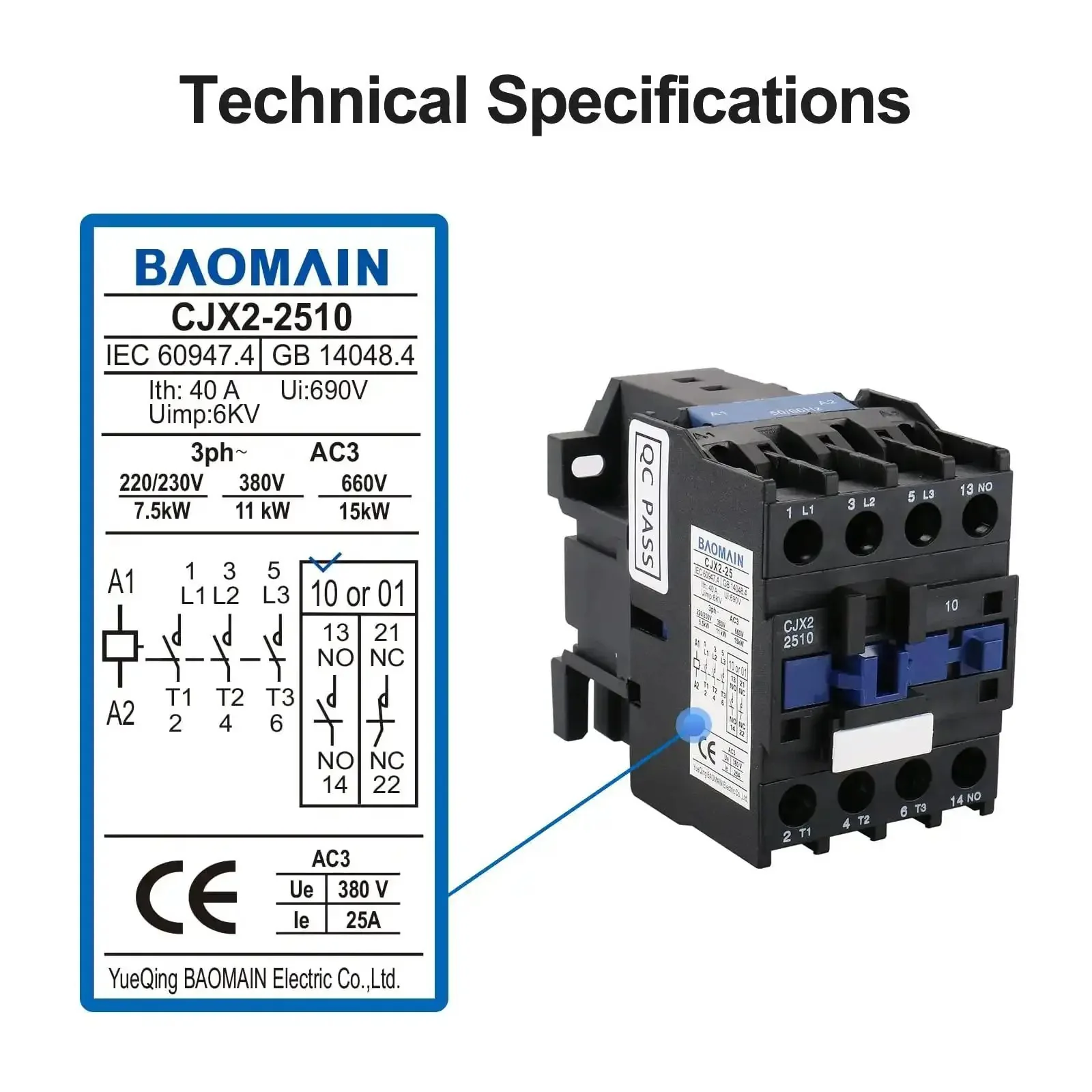 Three-Pole AC Contactor CJX2-2510 With 110VAC Coil, 3NO And 1NO Auxiliary, 660V Three-Phase, DIN Rail Mount, Built For Motor Starters, Pumps, And Industrial Control Panels - Image 9