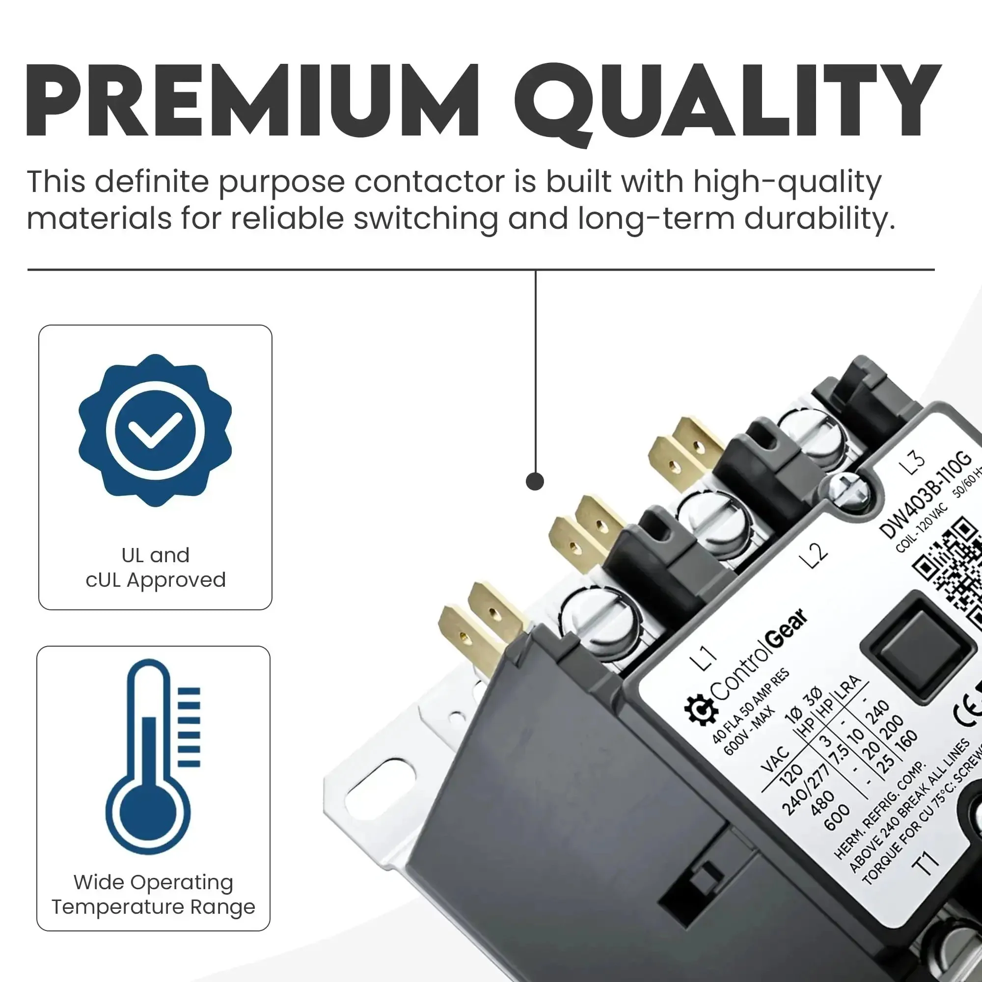 Three Pole Definite Purpose Contactor With 120V Coil, 40 Amp Beefy HVAC Control Relay For A2L Refrigerants, UL Recognized, Line Lugs, Load Screws, 3P 40A, Model DW403B11 - Image 4