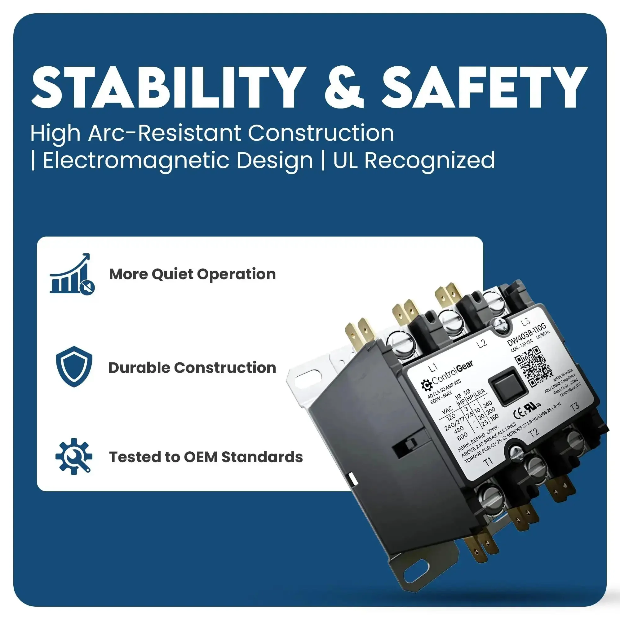 Three Pole Definite Purpose Contactor With 120V Coil, 40 Amp Beefy HVAC Control Relay For A2L Refrigerants, UL Recognized, Line Lugs, Load Screws, 3P 40A, Model DW403B11 - Image 8