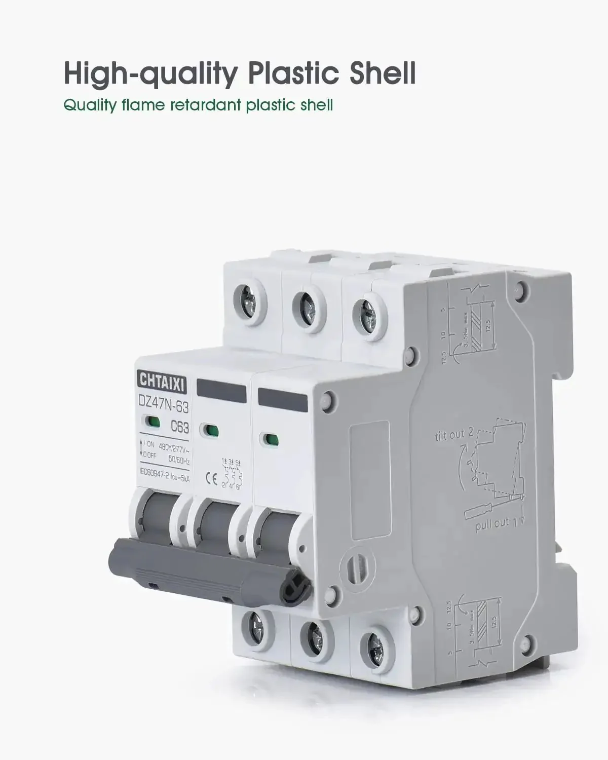 Three Pole DIN Rail Mount Circuit Breaker 50 Amp 480V AC Miniature Breaker With Thermal Magnetic Trip And Magnetic Curve C50 Silver Alloy Contacts Flame Retardant Shell For Panel Isolation And Control - Image 5