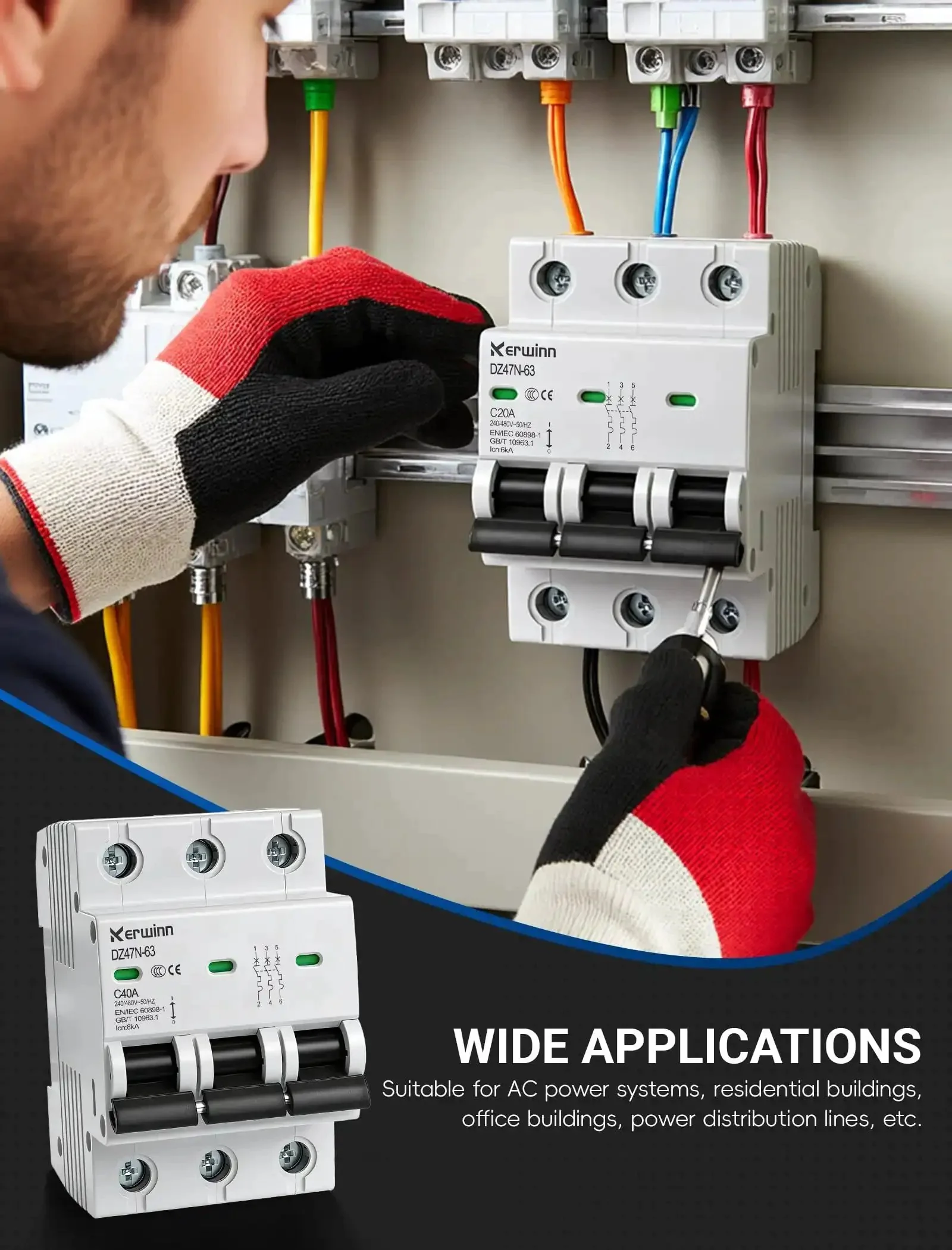 Three Pole Miniature Circuit Breaker 240V 480V AC 50A Thermal Magnetic Trip Smart Circuit Breaker AC Disconnect Switch DIN Rail Mount with Visualization Window Flame Retardant Shell for Overload and Short Circuit Protection - Image 2