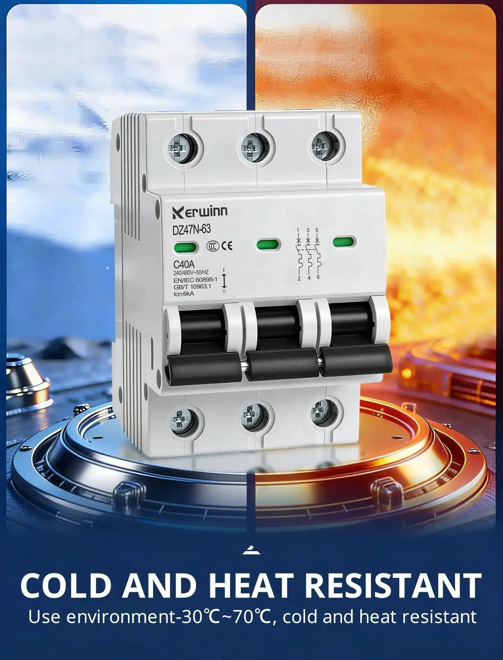 Three Pole Miniature Circuit Breaker 240V 480V AC 50A Thermal Magnetic Trip Smart Circuit Breaker AC Disconnect Switch DIN Rail Mount with Visualization Window Flame Retardant Shell for Overload and Short Circuit Protection - Image 3