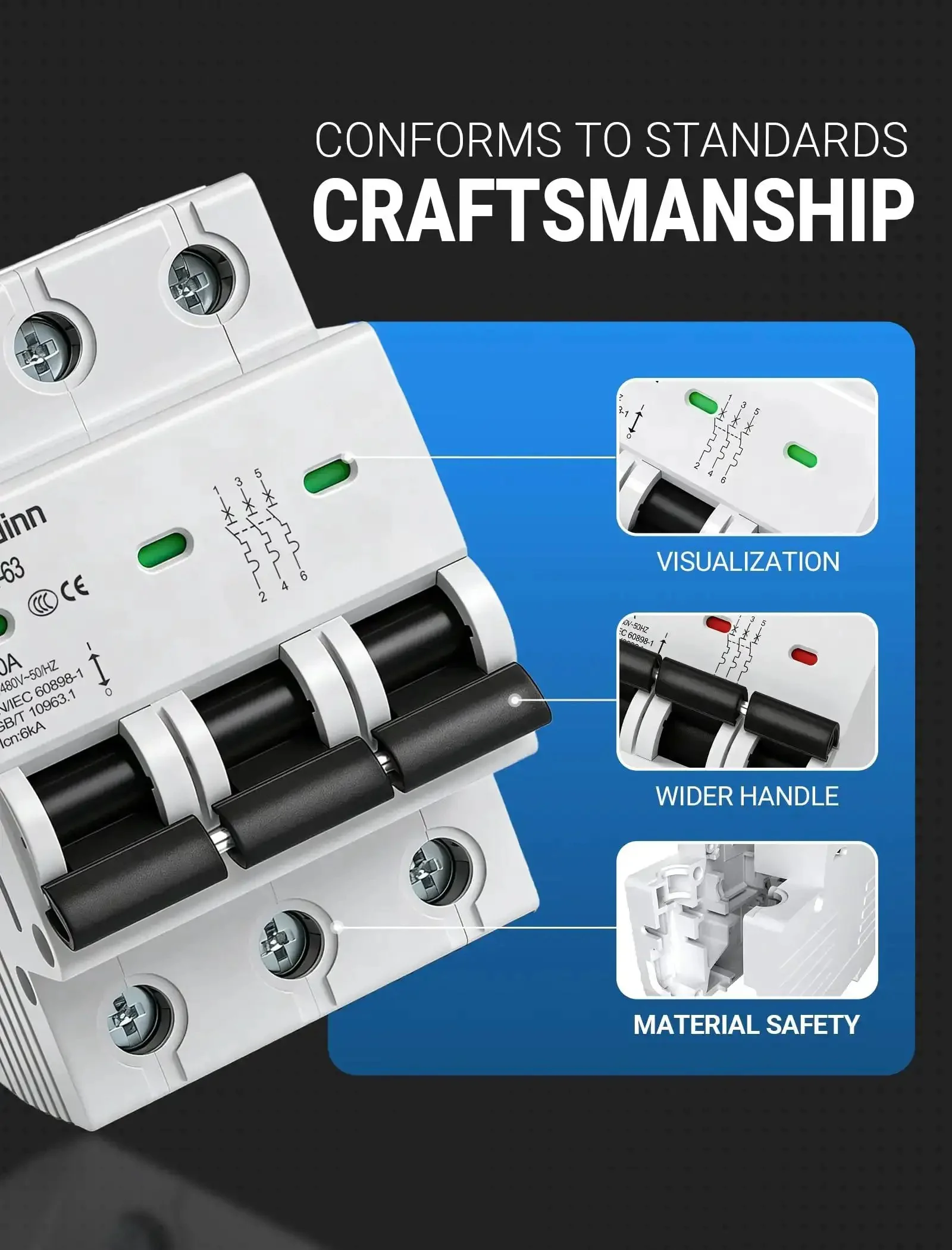 Three Pole Miniature Circuit Breaker 240V 480V AC 50A Thermal Magnetic Trip Smart Circuit Breaker AC Disconnect Switch DIN Rail Mount with Visualization Window Flame Retardant Shell for Overload and Short Circuit Protection - Image 4