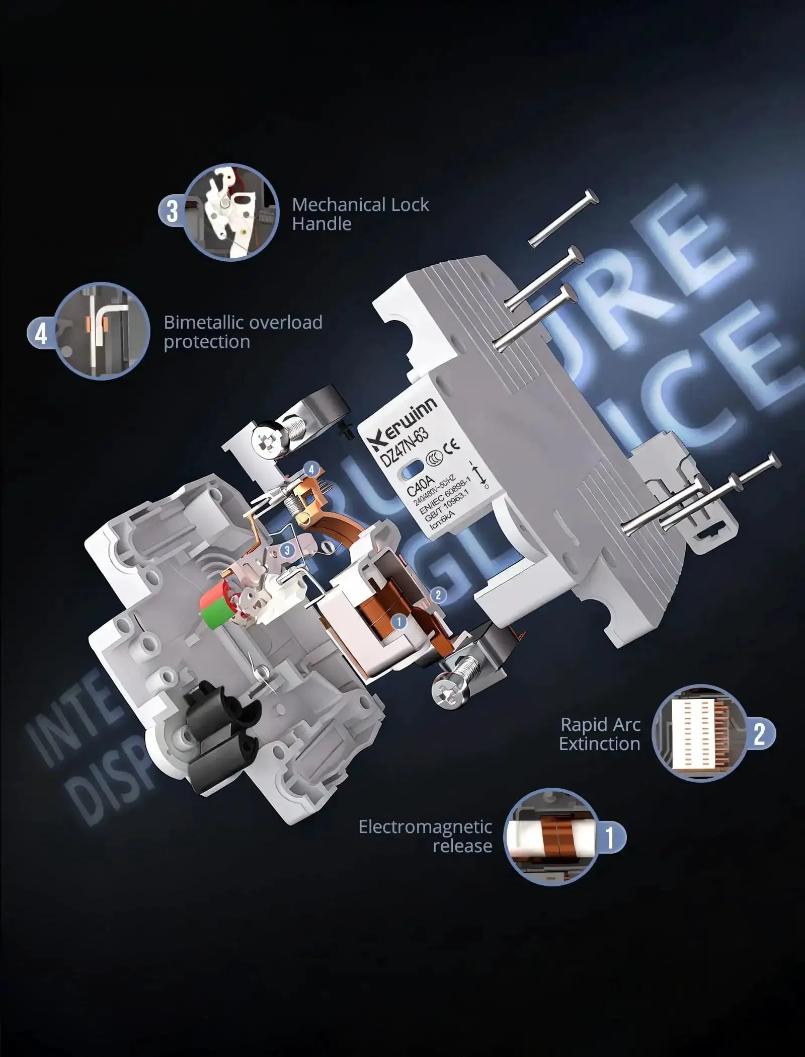 Three Pole Miniature Circuit Breaker 240V 480V AC 50A Thermal Magnetic Trip Smart Circuit Breaker AC Disconnect Switch DIN Rail Mount with Visualization Window Flame Retardant Shell for Overload and Short Circuit Protection - Image 5