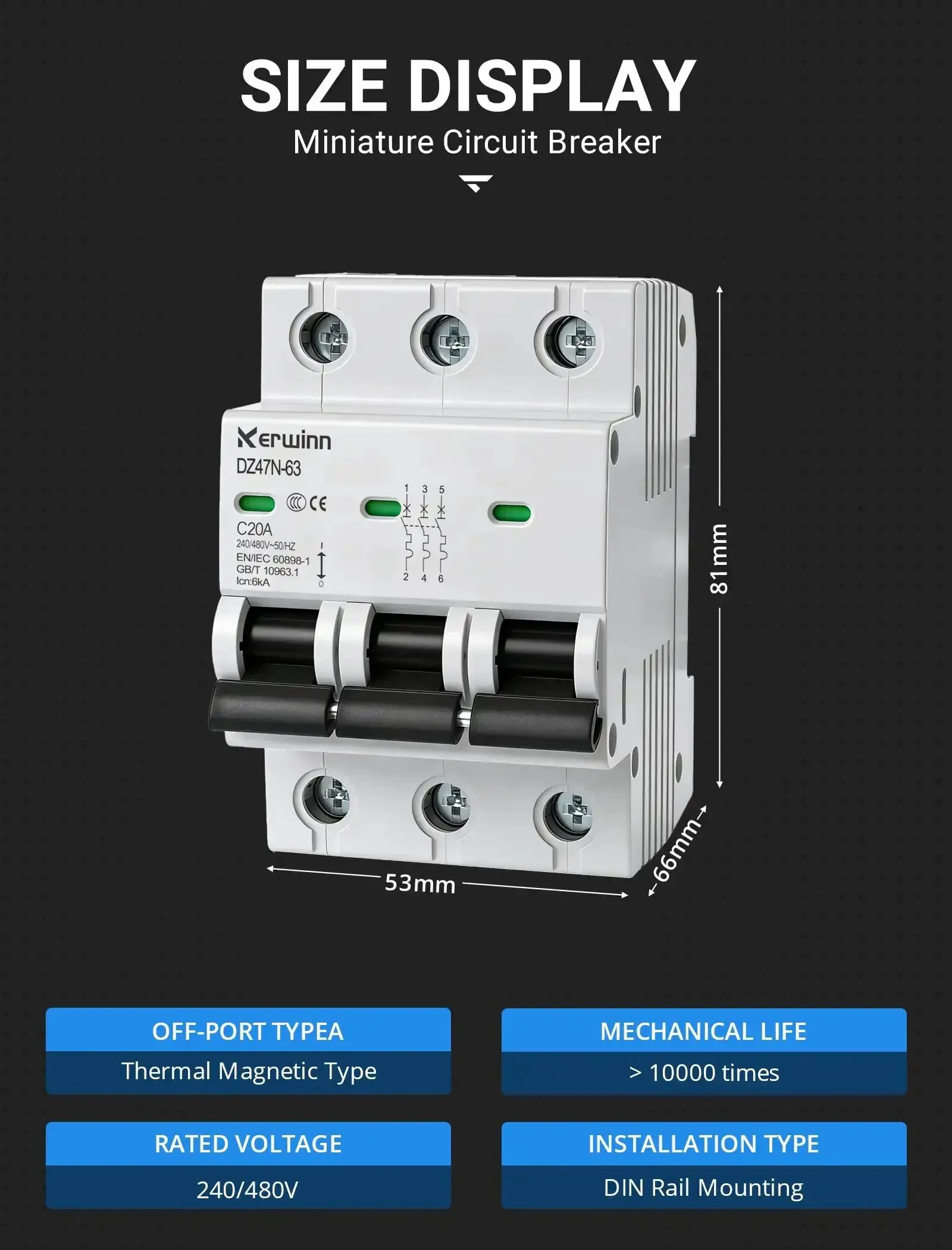 Three Pole Miniature Circuit Breaker 240V 480V AC 50A Thermal Magnetic Trip Smart Circuit Breaker AC Disconnect Switch DIN Rail Mount with Visualization Window Flame Retardant Shell for Overload and Short Circuit Protection - Image 7