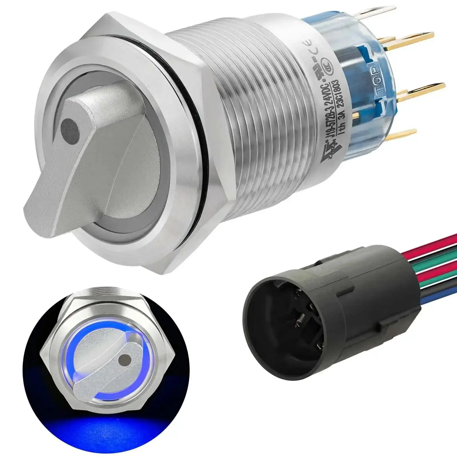 Three Position 19mm Rotary Switch With Blue LED Indicator For 12V 24V DC Or AC, Latching DPDT 2NO 2NC 8Pin On Off On, UL Certified, Built Tough Stainless Steel 304 Housing, IP40 IK10 Protection, The Go To Panel Control Switch