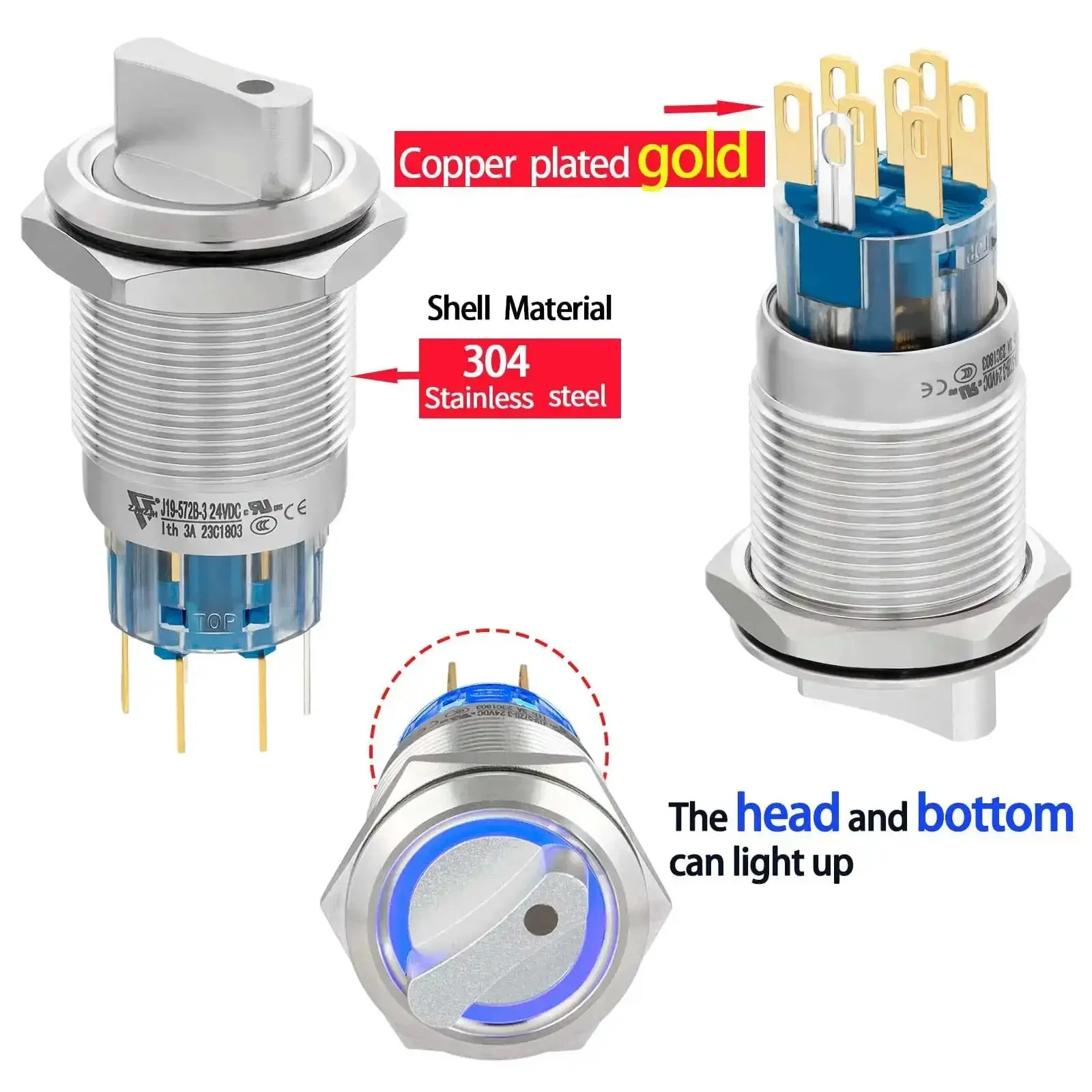Three Position 19mm Rotary Switch With Blue LED Indicator For 12V 24V DC Or AC, Latching DPDT 2NO 2NC 8Pin On Off On, UL Certified, Built Tough Stainless Steel 304 Housing, IP40 IK10 Protection, The Go To Panel Control Switch - Image 4