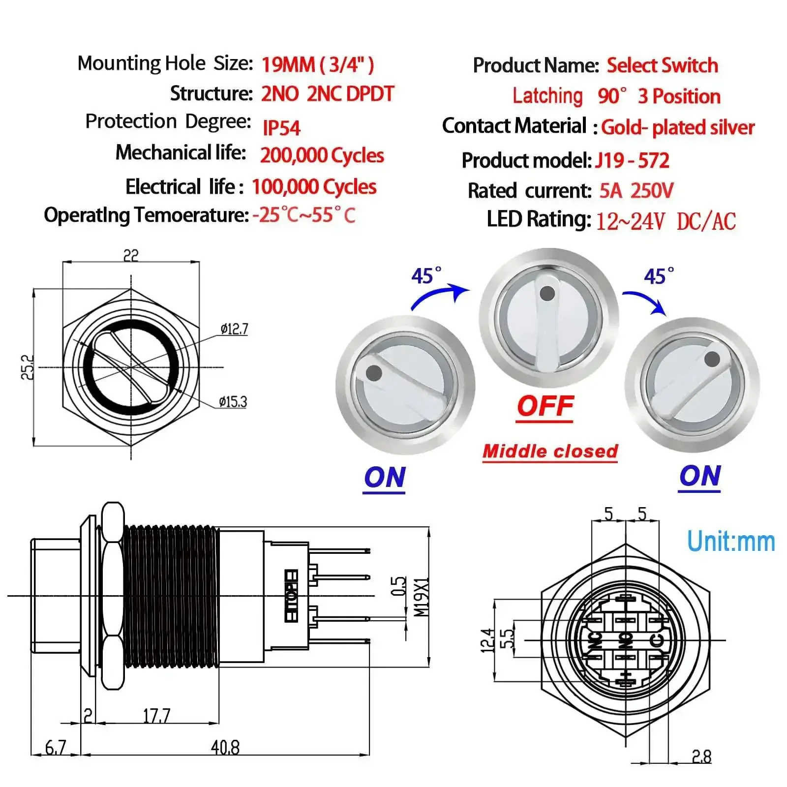Three Position 19mm Rotary Switch With Blue LED Indicator For 12V 24V DC Or AC, Latching DPDT 2NO 2NC 8Pin On Off On, UL Certified, Built Tough Stainless Steel 304 Housing, IP40 IK10 Protection, The Go To Panel Control Switch - Image 5