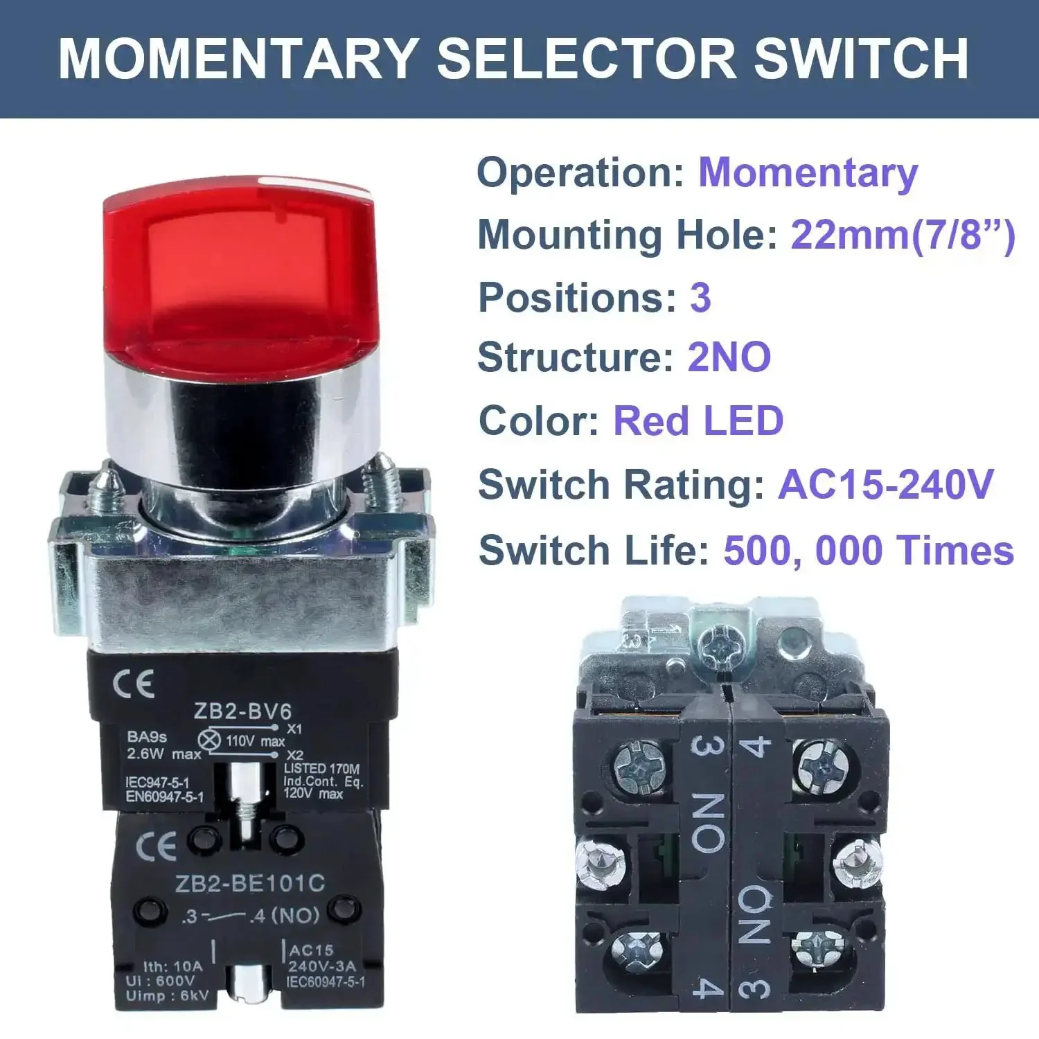 Three Position Momentary Rotary Selector Switch With Red LED Indicator, 22mm Mounting Hole, 110V AC, 10A, 2NO 1NC, Durable Nylon Body, Self Reset, Plug And Play For Control Panels And DIY Projects - Image 7