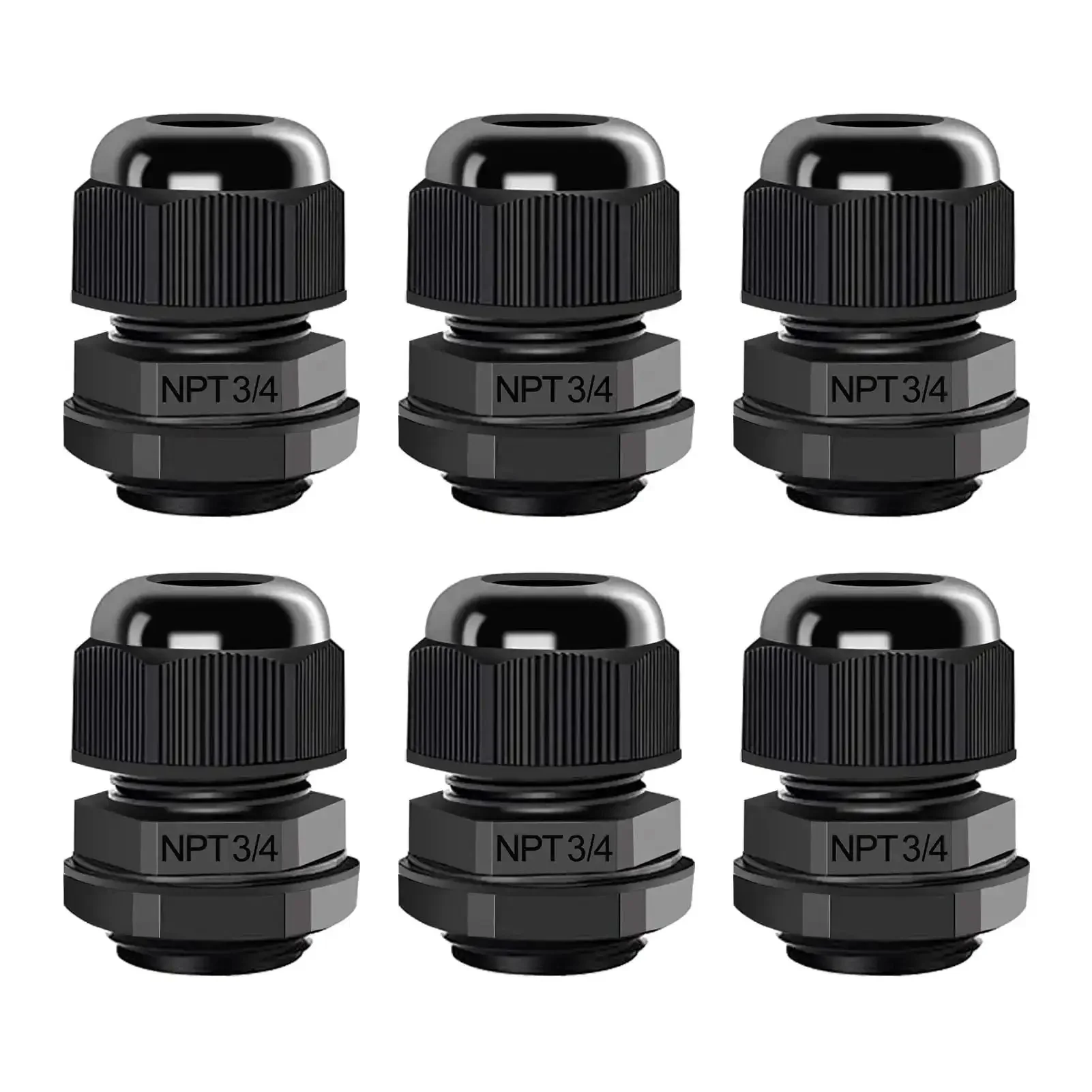 Three Quarter Inch NPT Cable Glands Nylon PA66 IP68 Waterproof Adjustable Heavy Duty Strain Relief Cord Grips Junction Box Wire Gland Connectors With Gaskets And Locknuts Black 6 Pieces