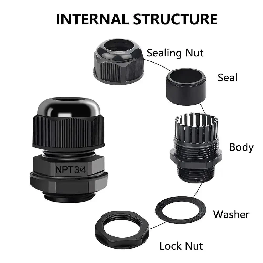 Three Quarter Inch NPT Cable Glands Nylon PA66 IP68 Waterproof Adjustable Heavy Duty Strain Relief Cord Grips Junction Box Wire Gland Connectors With Gaskets And Locknuts Black 6 Pieces - Image 6