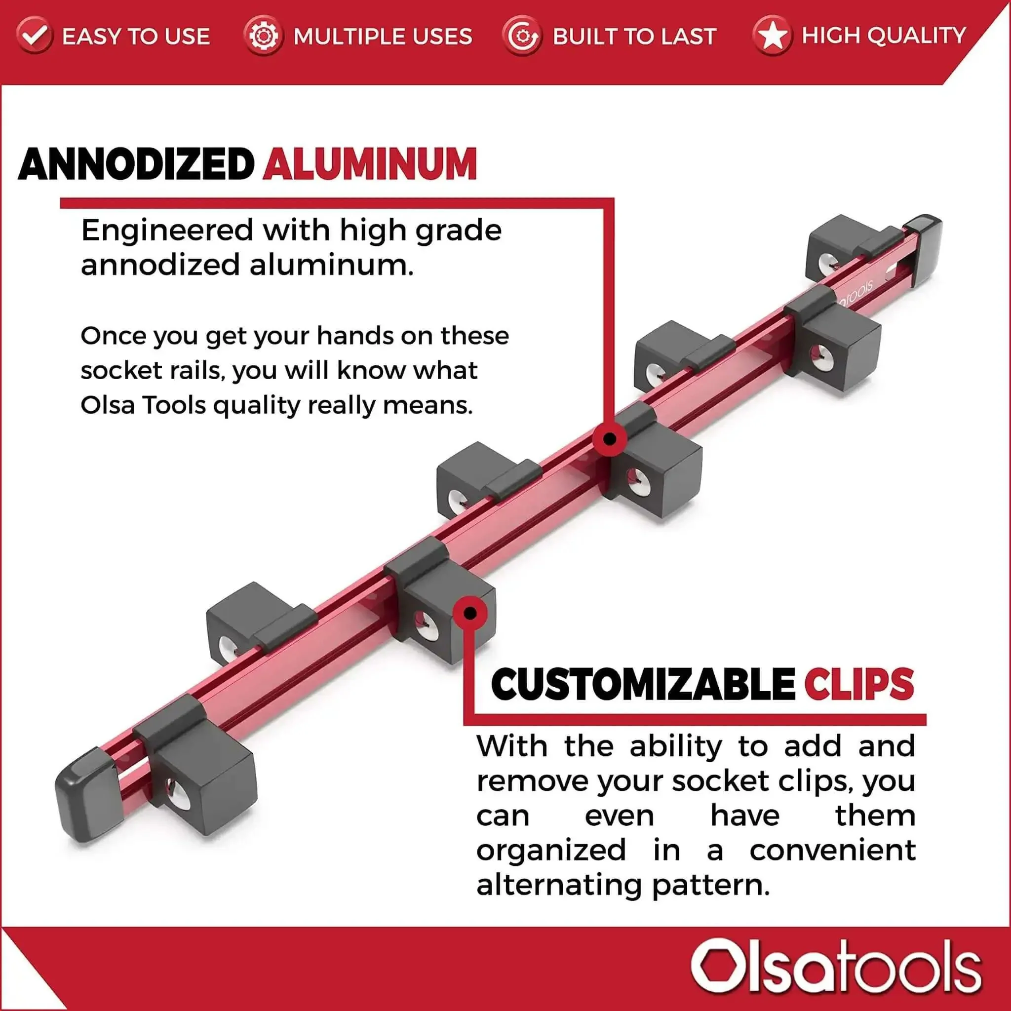 Three Quarters Inch Drive Socket Organizer Red Rail For Impact Sockets, Heavy Duty Aluminum Holder With ABS Clips, Keeps Metric Or SAE Sockets Secure And Ready, Ideal For Gear Heads And Pros, High Capacity Socket Storage - Image 3
