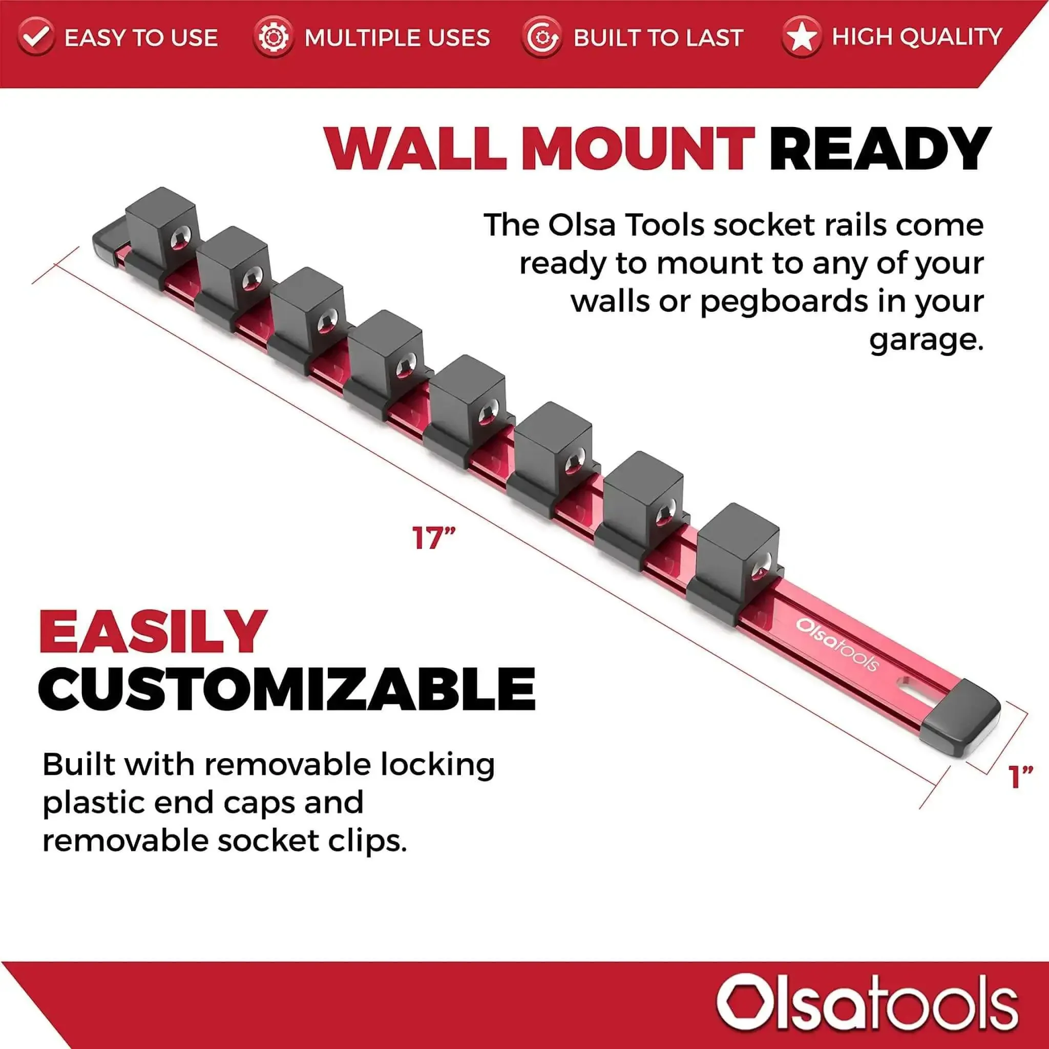 Three Quarters Inch Drive Socket Organizer Red Rail For Impact Sockets, Heavy Duty Aluminum Holder With ABS Clips, Keeps Metric Or SAE Sockets Secure And Ready, Ideal For Gear Heads And Pros, High Capacity Socket Storage - Image 4