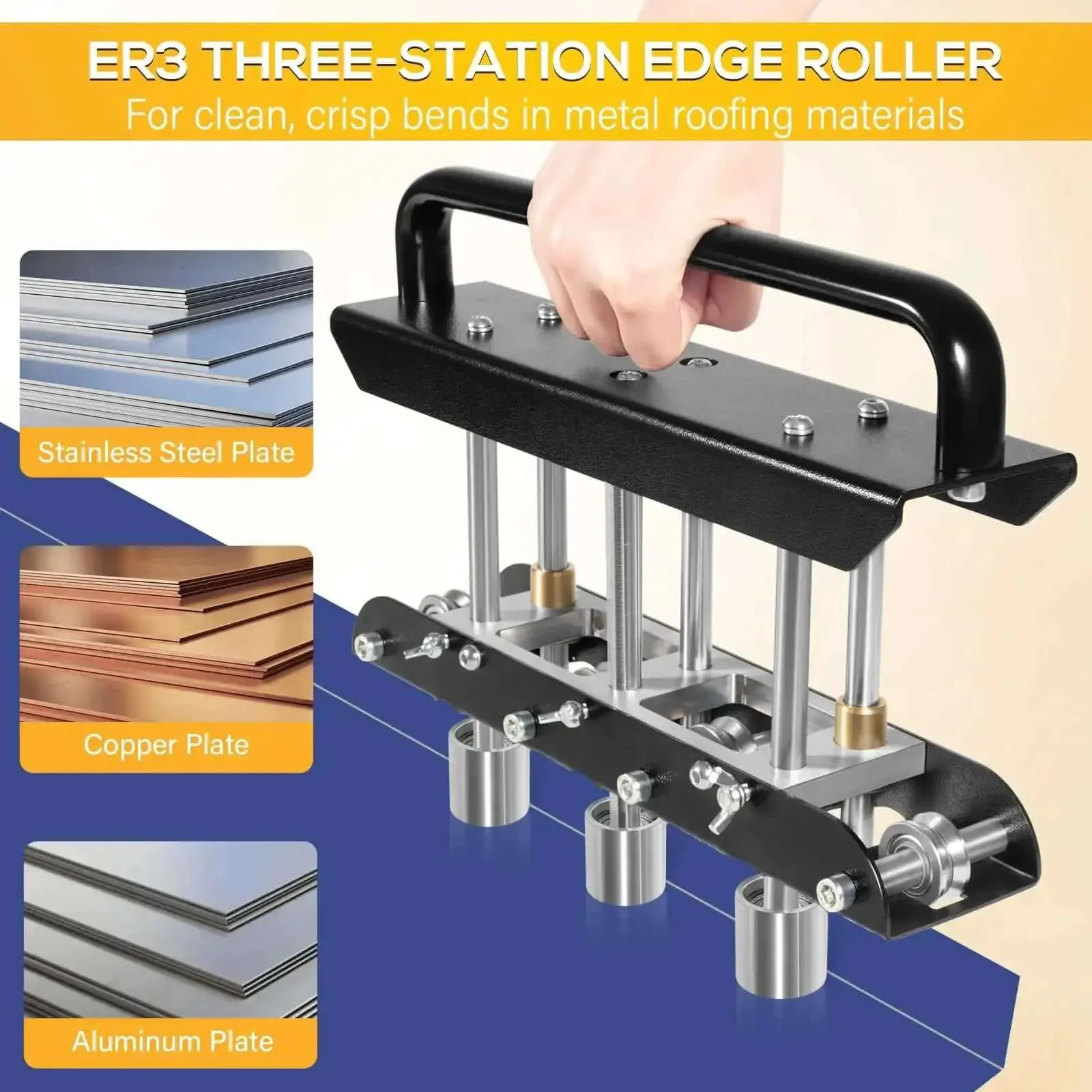 Three Station Edge Roller Bead Bender For Sheet Metal 0 To 90 Degree Bends Large Radius Crimp Tool Pro Grade Adjustable For 5/8 To 4 Inch Bends In 29 To 22 Gauge Steel Ideal For Metal Roofing And Aluminum Copper DIY Projects - Image 8