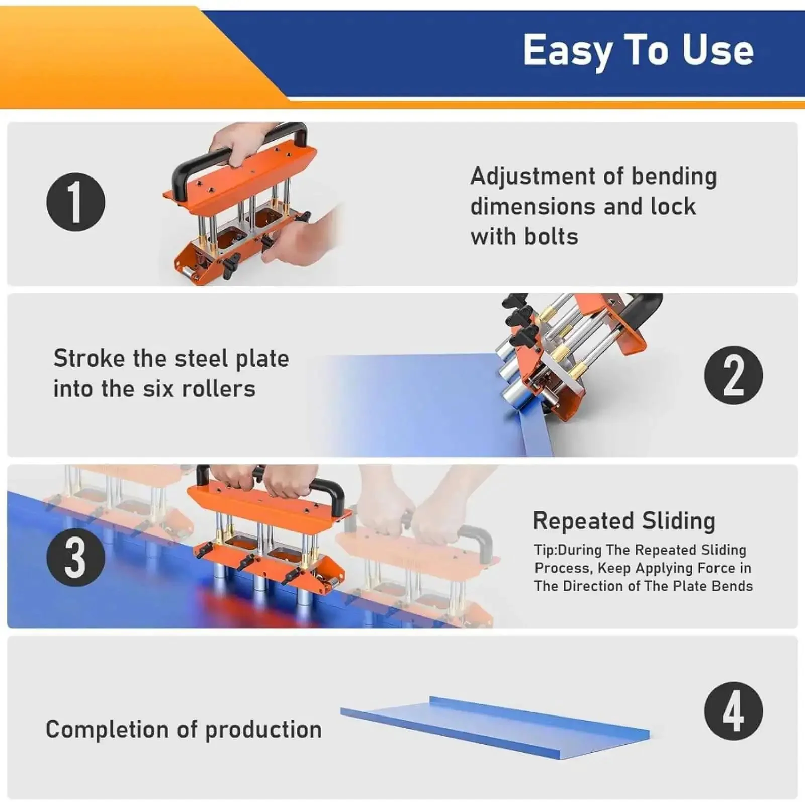 Three Station Roller 0 To 90 Degree Large Radius Sheet Roller Bender For Aluminum Standing Seam Roofing Tools Brown Heavy Duty High Speed Steel Roller Easy Grip Aluminum Handle With Wing Screws For Stable Uniform Bending - Image 6