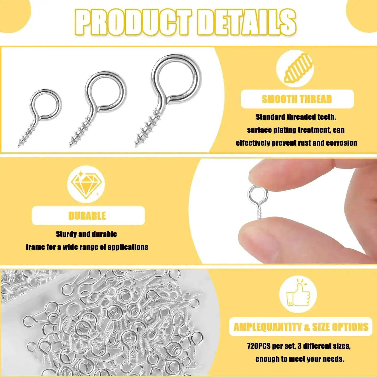 Three Styles Mini Screw Eye Pins Set 720 Pcs Silver Eye Screws For DIY Crafts Jewelry Making Tiaras Art Projects And Hooks Includes 8x4mm 10x5mm 13x6mm Small Eye Screws For Craft Lovers - Image 5