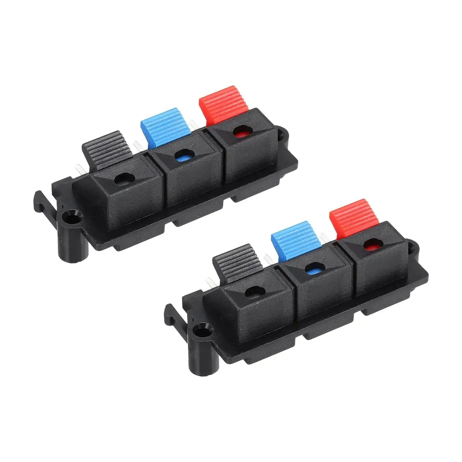 Three Way Spring Terminal Clip Push Release Connector Plate Jack Socket For Speakers Color Coded Red Blue Black 50mm By 25mm By 21mm Mounting Hole 45mm Copper And Plastic Build Speaker Terminal Strip Block Jointing Clip Test WP3 19 Two Pack